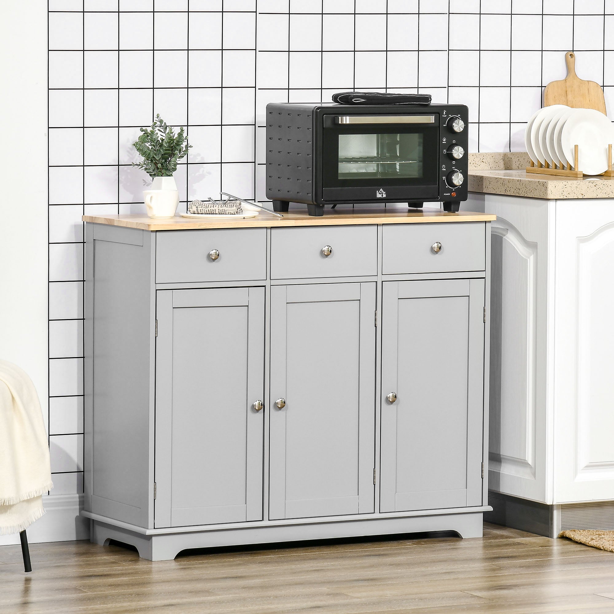 Sideboard with Rubberwood Top and Independent Storage Shelves for Dining Room, Kitchen - Grey