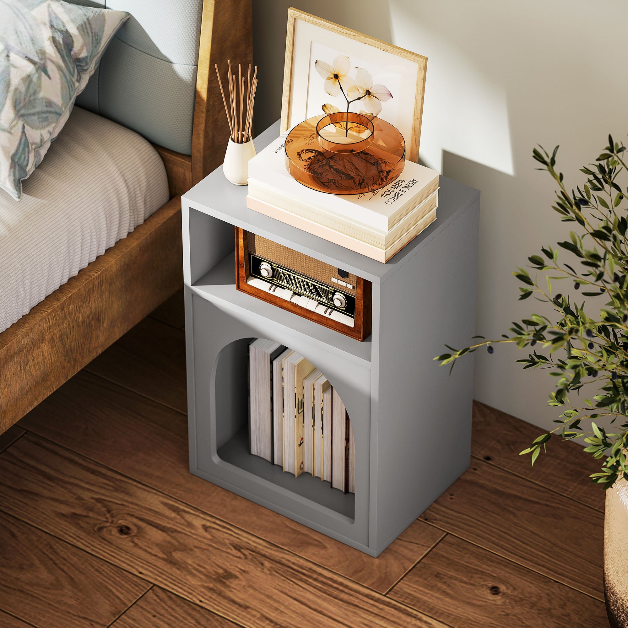 Bedside Table with 2 Open Compartments - Grey
