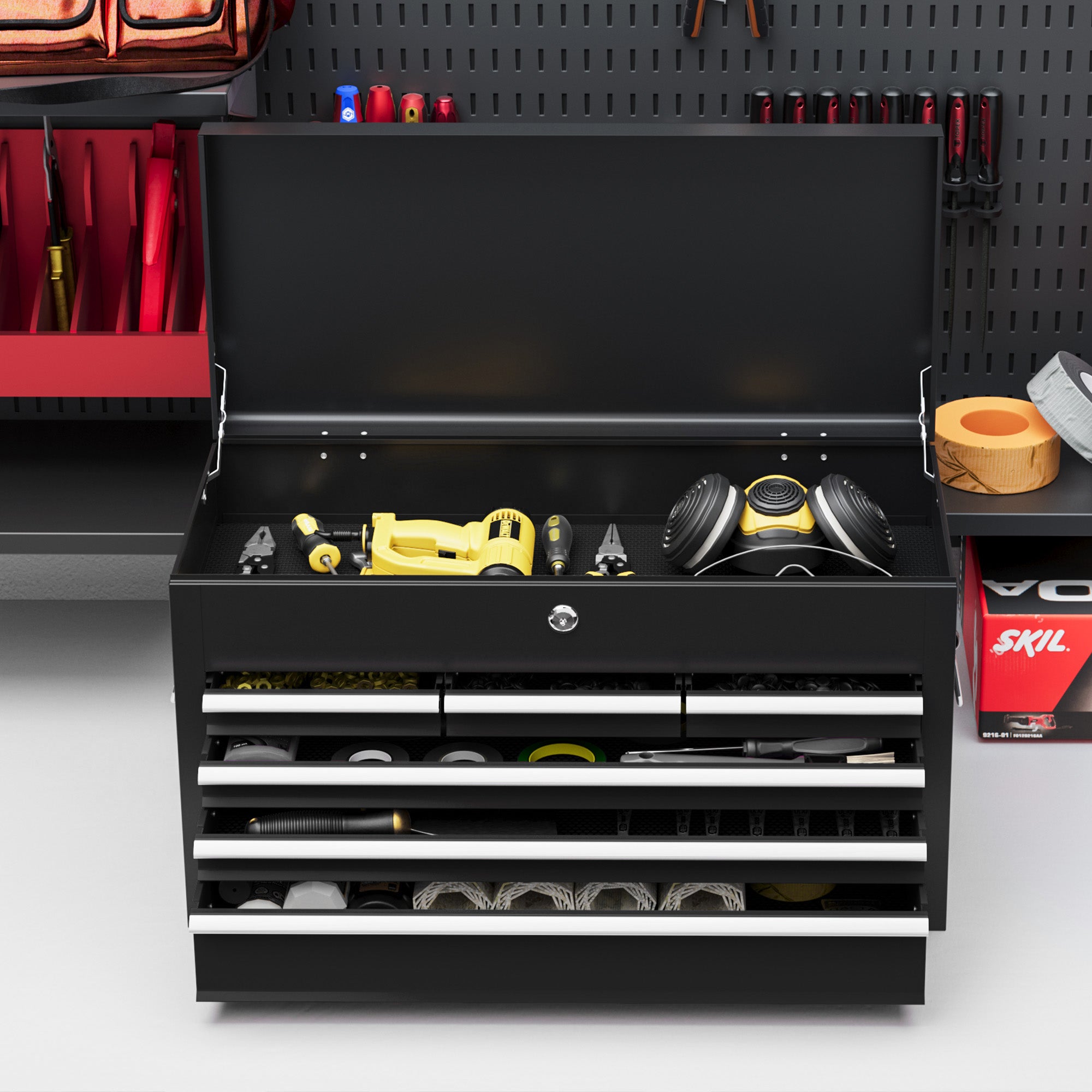 Steel Six Drawer Tool Storage Carry Chest, with Lock and Keys - Black