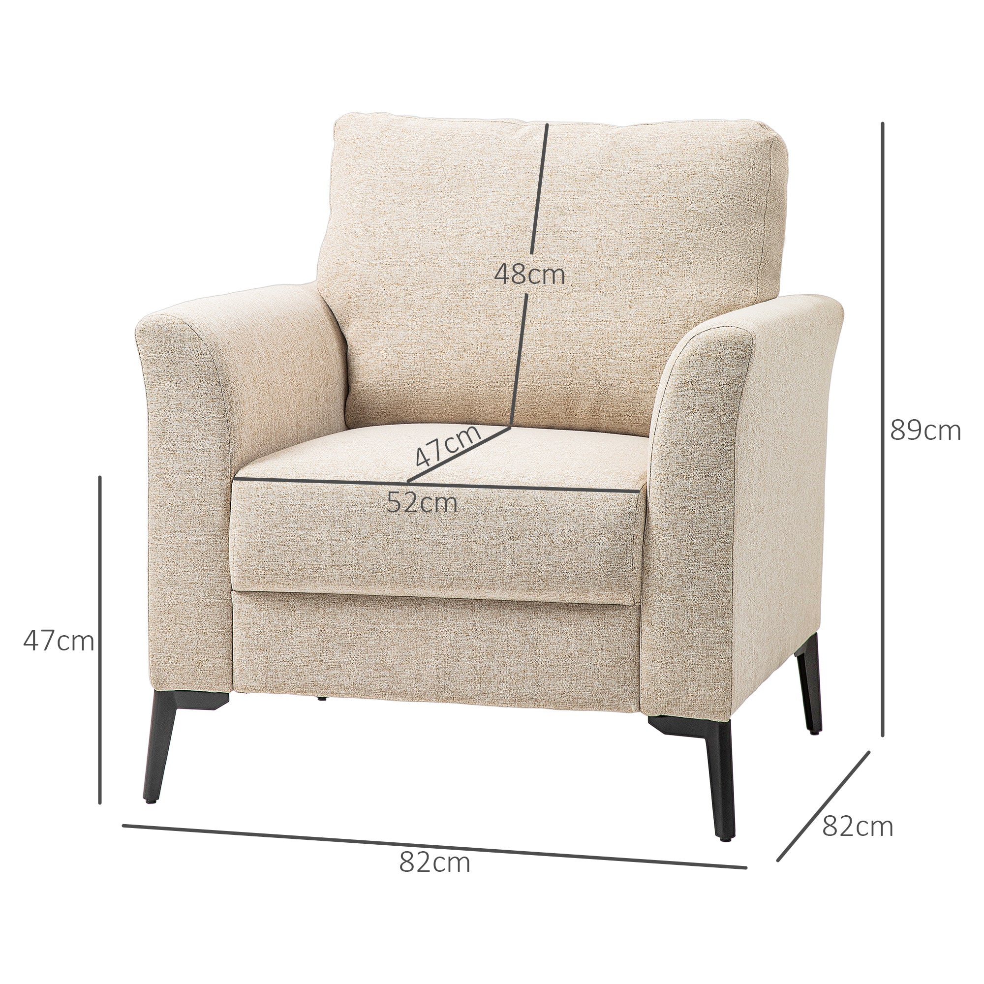 Modern Armchair, Linen Fabric Upholstered Accent Chair with Metal Legs, Wood Frame and Padded Cushion for Living Room Bedroom Office, Beige