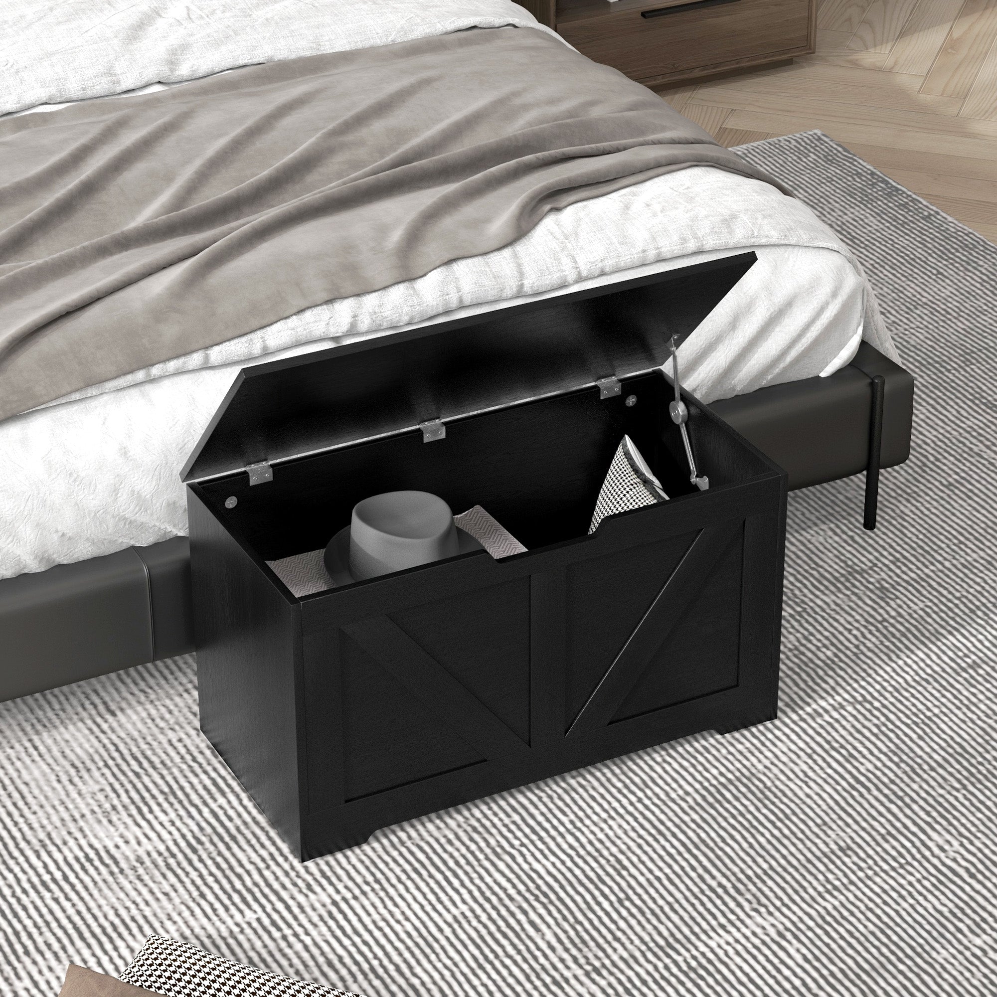 100L Home Storage Box, with Safety Hinges - Black Wood-Effect
