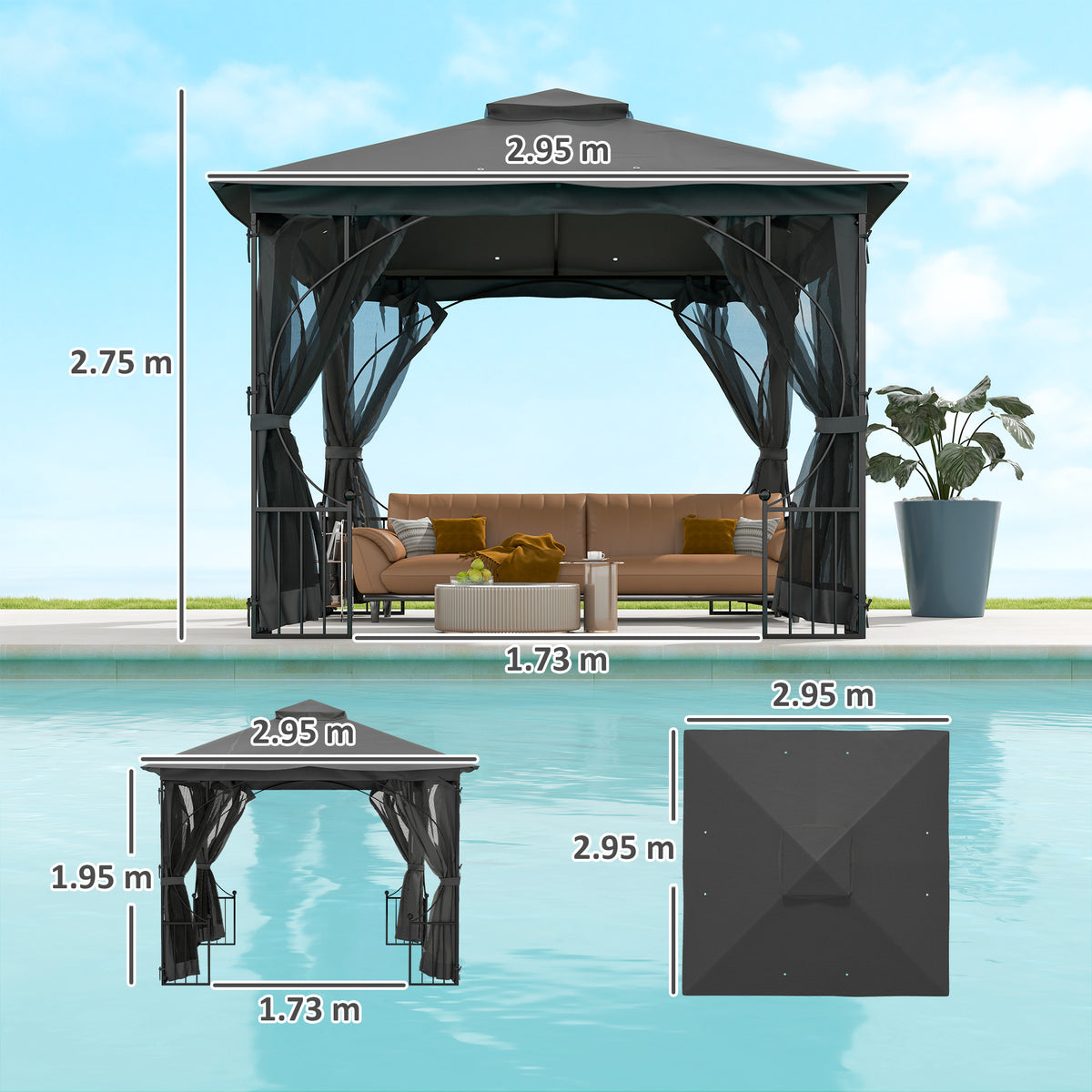 3 x 3 Metre Garden Gazebo with Double Tier Sun Shade - Dark Grey