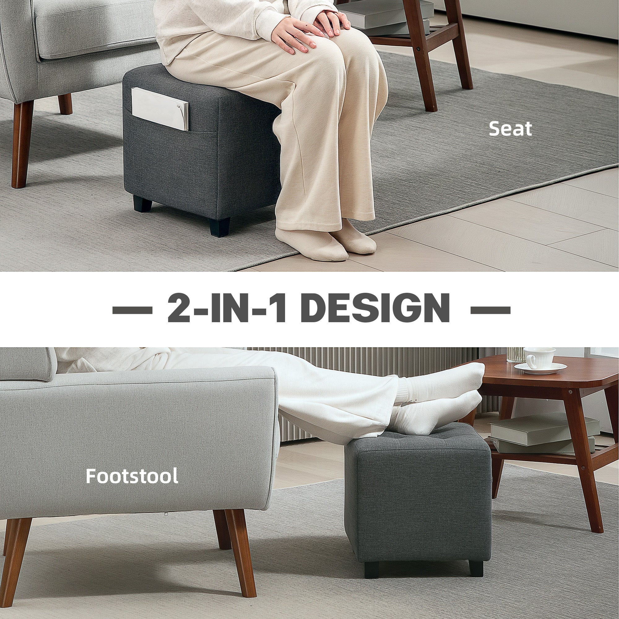 Square Small Ottoman Footstool with Side Pocket, Padded Linen Seat, Rubber Wood Legs, 35x35x35cm - Grey