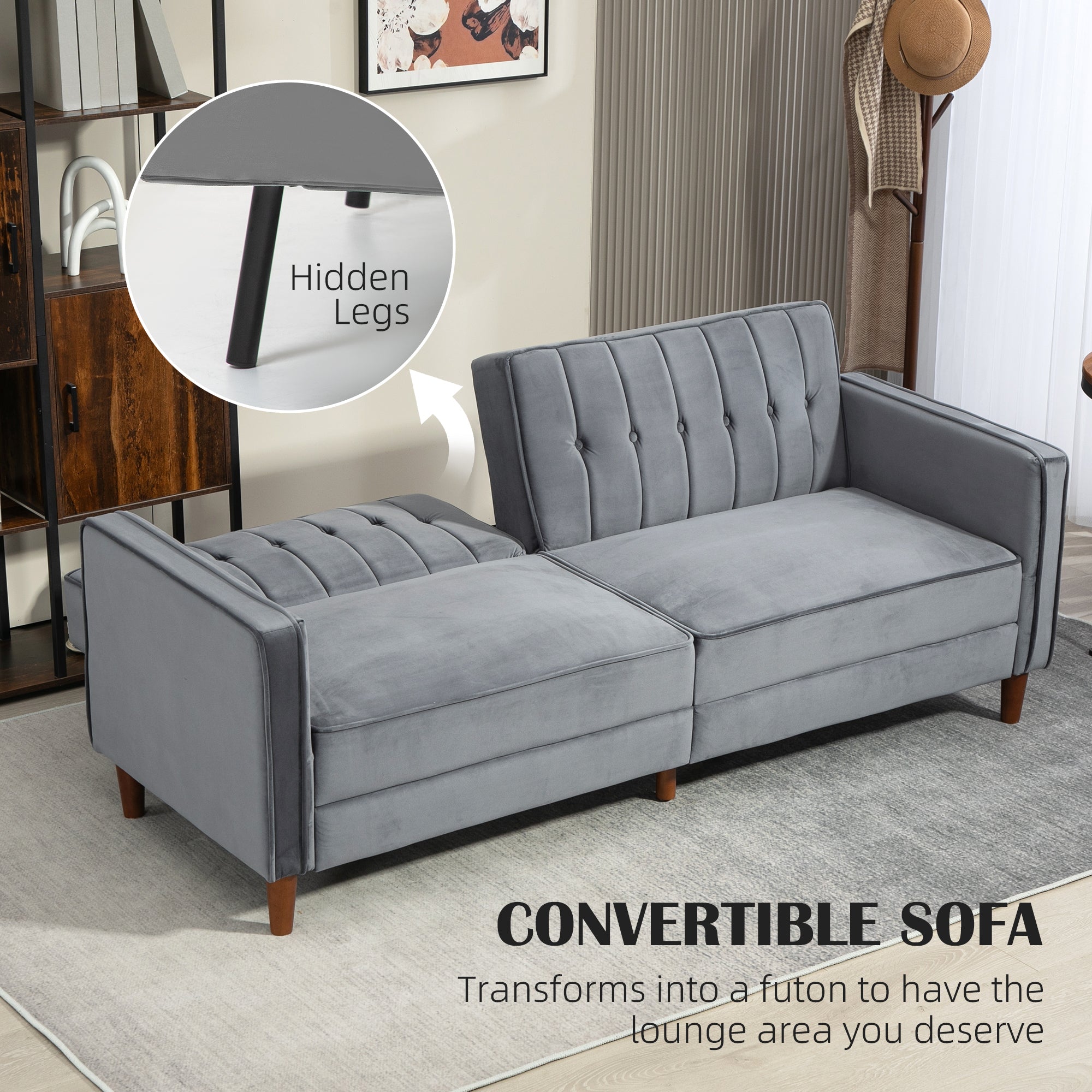 Velvet-Feel Three-Seater Sofa Bed with Adjustable Backs - Dark Grey