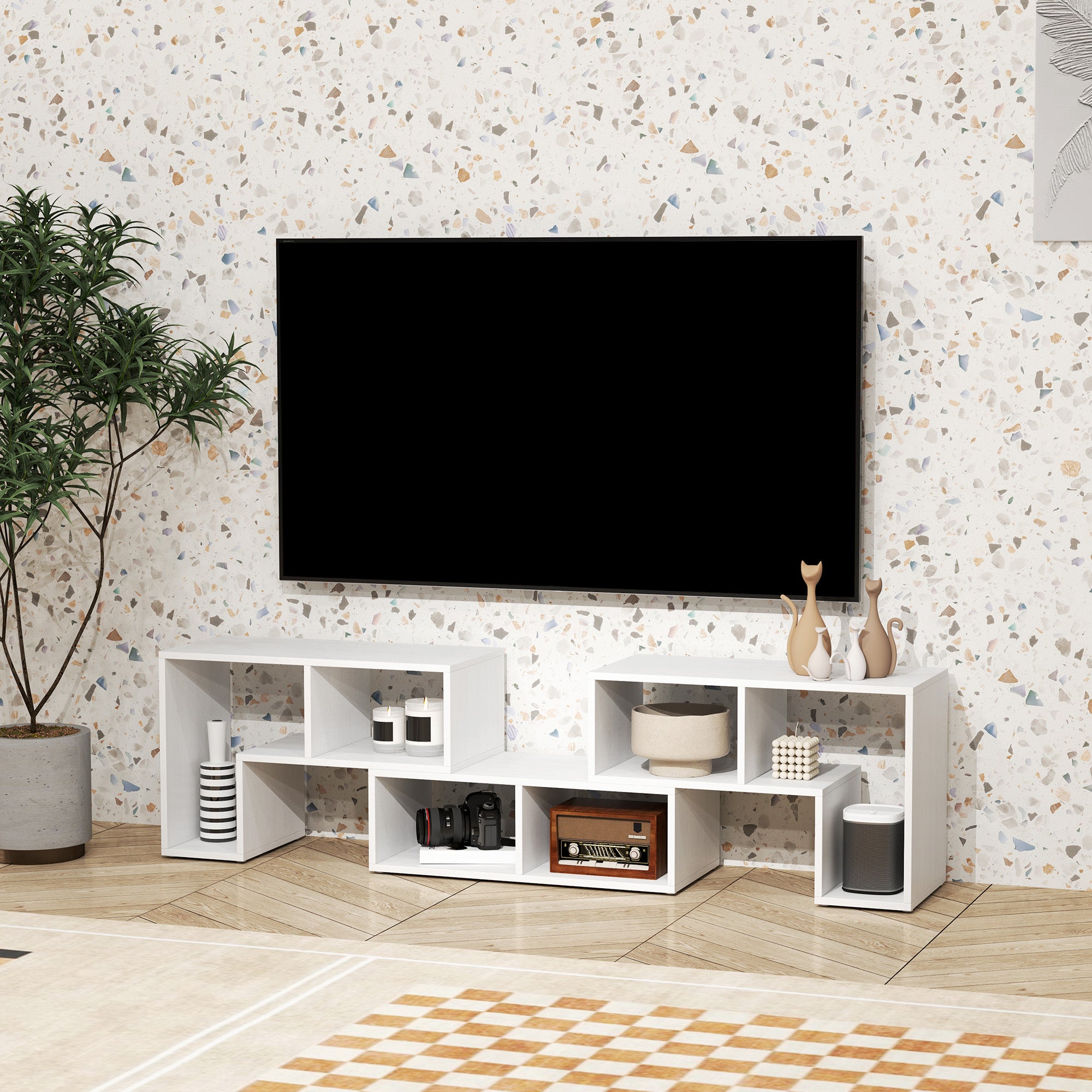 TV Stand for TVs up to 75 Inches, Free Combination TV Unit with Storage Shelves, Extendable Entertainment Centre for Living Room, White Wood Grain