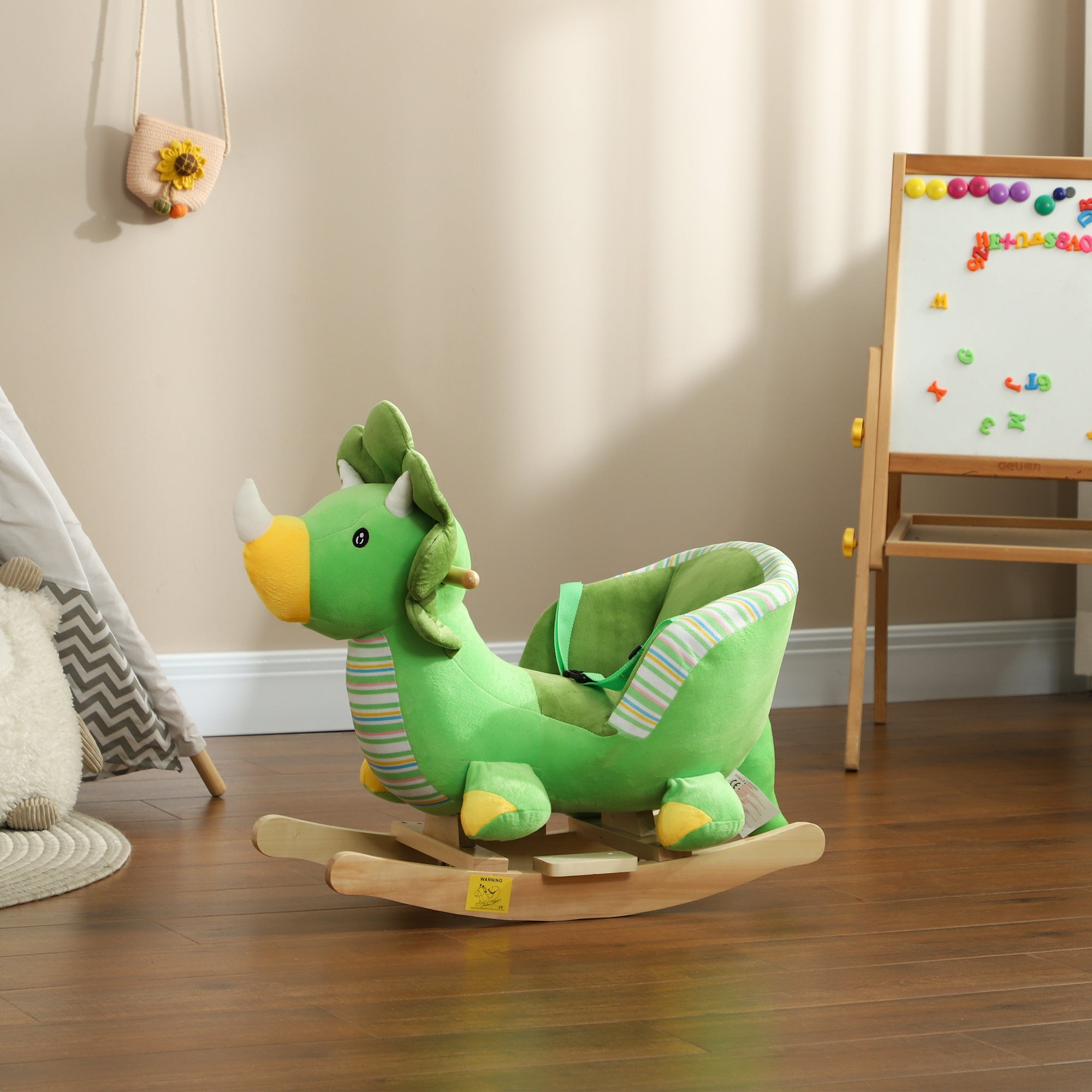 Baby Rocking Dinosaur with Animal Sounds, Safety Belt, Wooden Base, for Toddlers 18-36 Months, Green