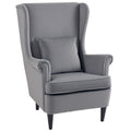 Modern Accent Chair with High Backrest and Pillow, Velvet-Feel Fabric Reading Chair with Solid Wood Legs, Grey