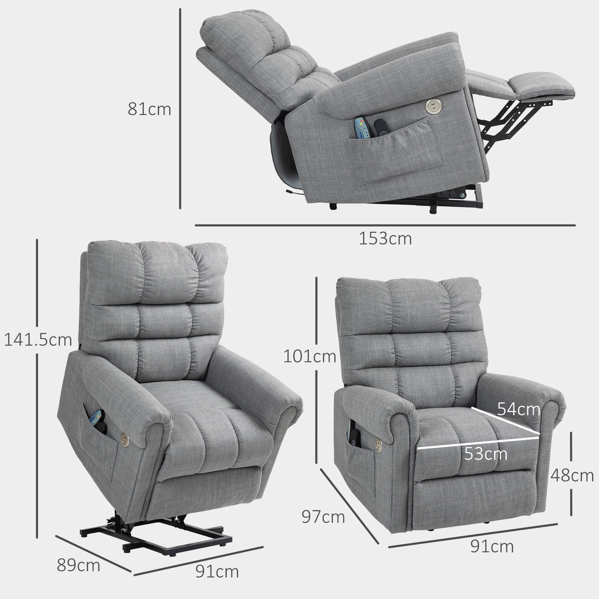 Power Lift Chair for Elderly, Electric Recliner Armchair with Massage and Heat, Type C and USB Ports, Fabric Riser and Reclining Chair with Side Pockets, Grey