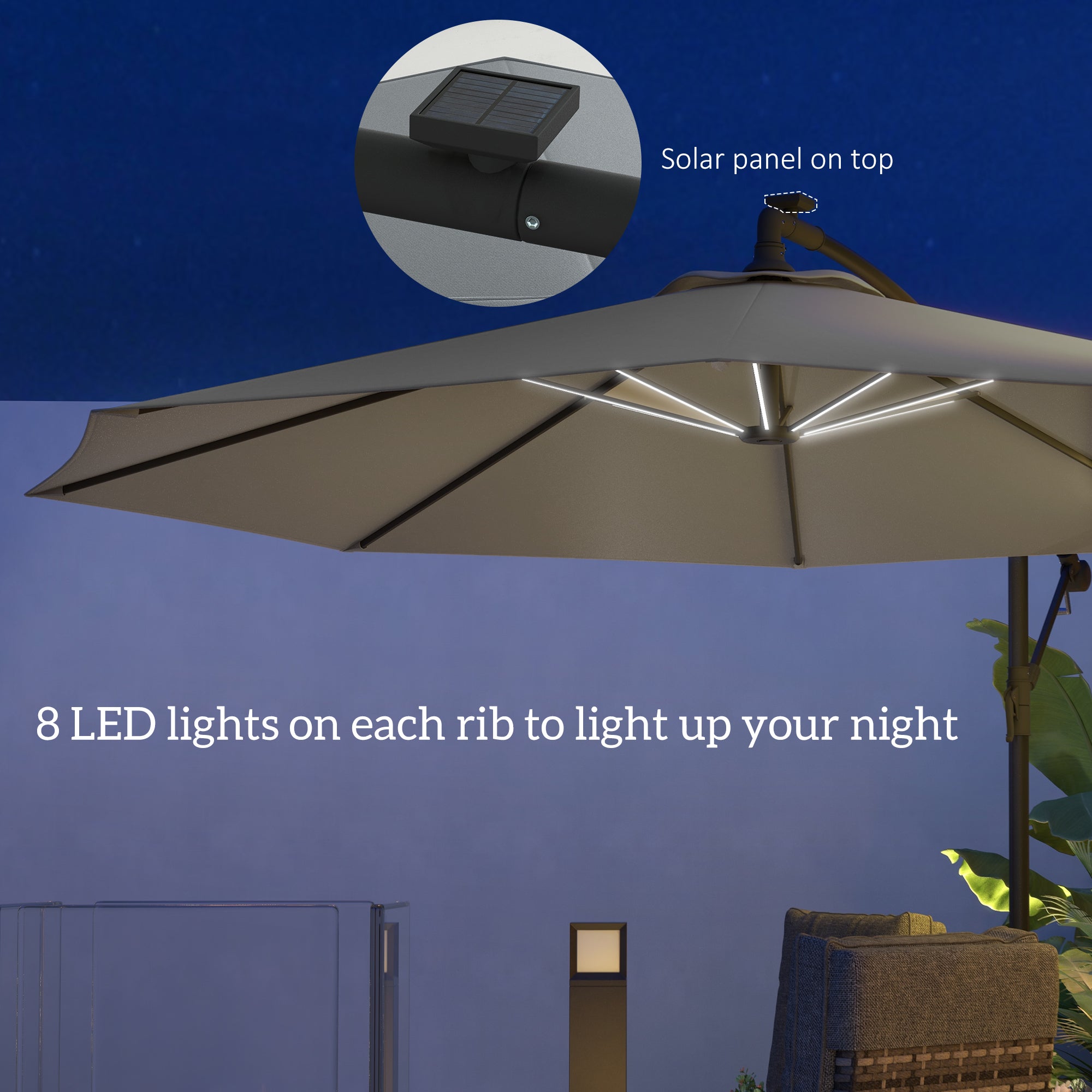 3(m) Cantilever Parasol with Solar LED Lights, Garden Umbrella with Cross Base and Crank Handle, Hanging Offset Banana Sun Shade for Outdoor, Patio, Grey