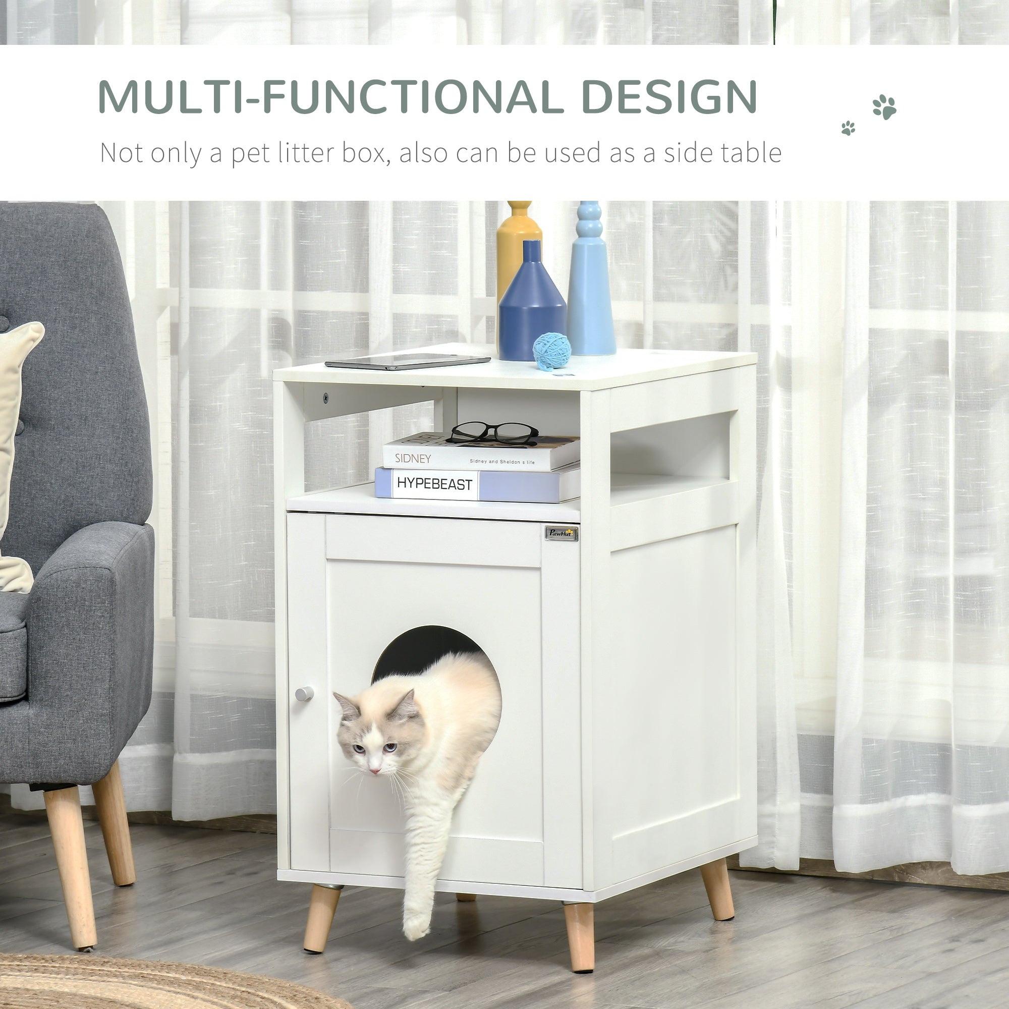 Cat Litter Box Enclosure Washroom Cave House Decorative End Table Wooden Cabinet Indoor with Magnetic Door Multiple Storage Space White
