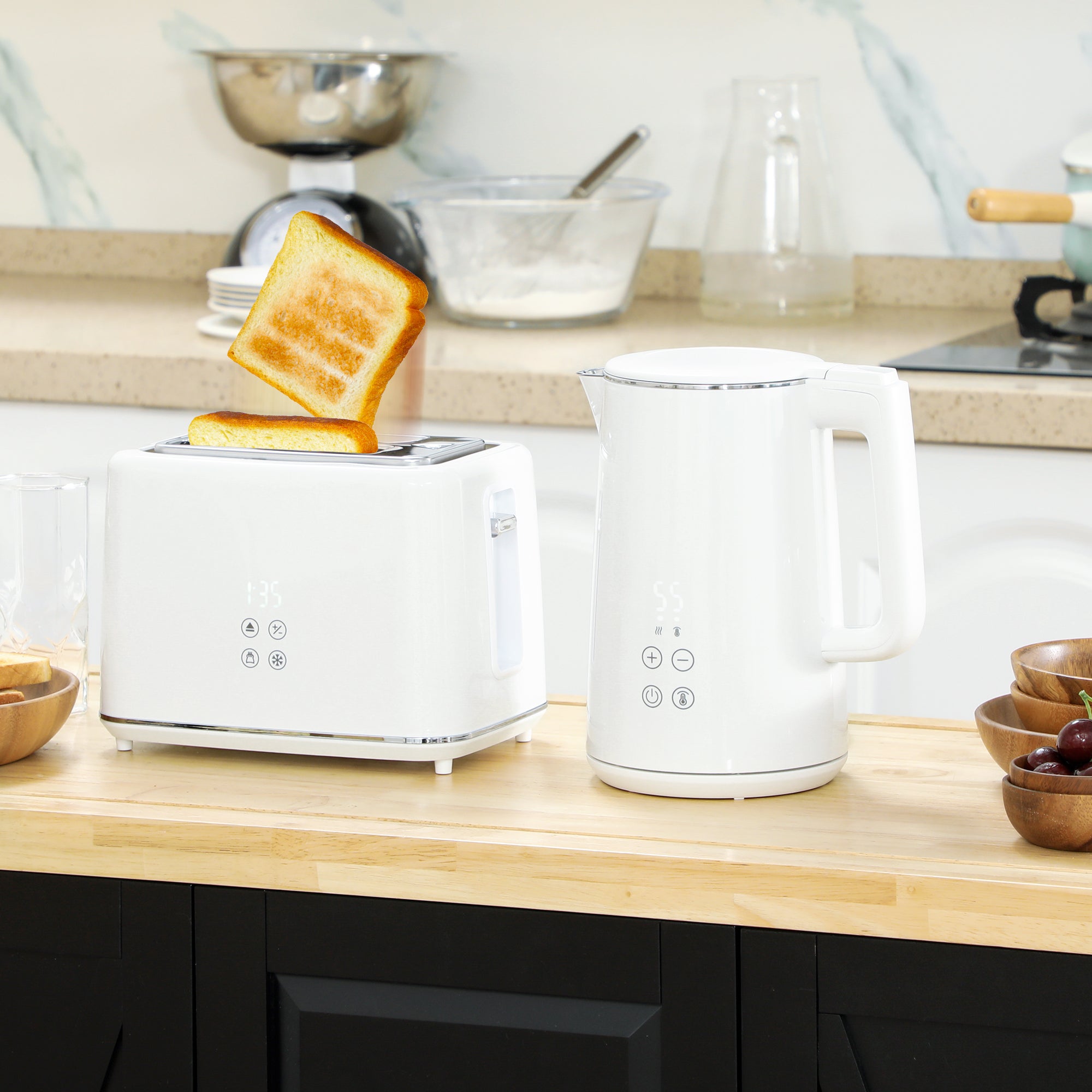 Kettle and Toaster Set, 1.5L 3000W Fast Boil Kettle with Insulation & 2 Slice Toaster Kitchen Set with 7 Level Browning Controls, Defrost, Reheat and Crumb Tray, Cream White