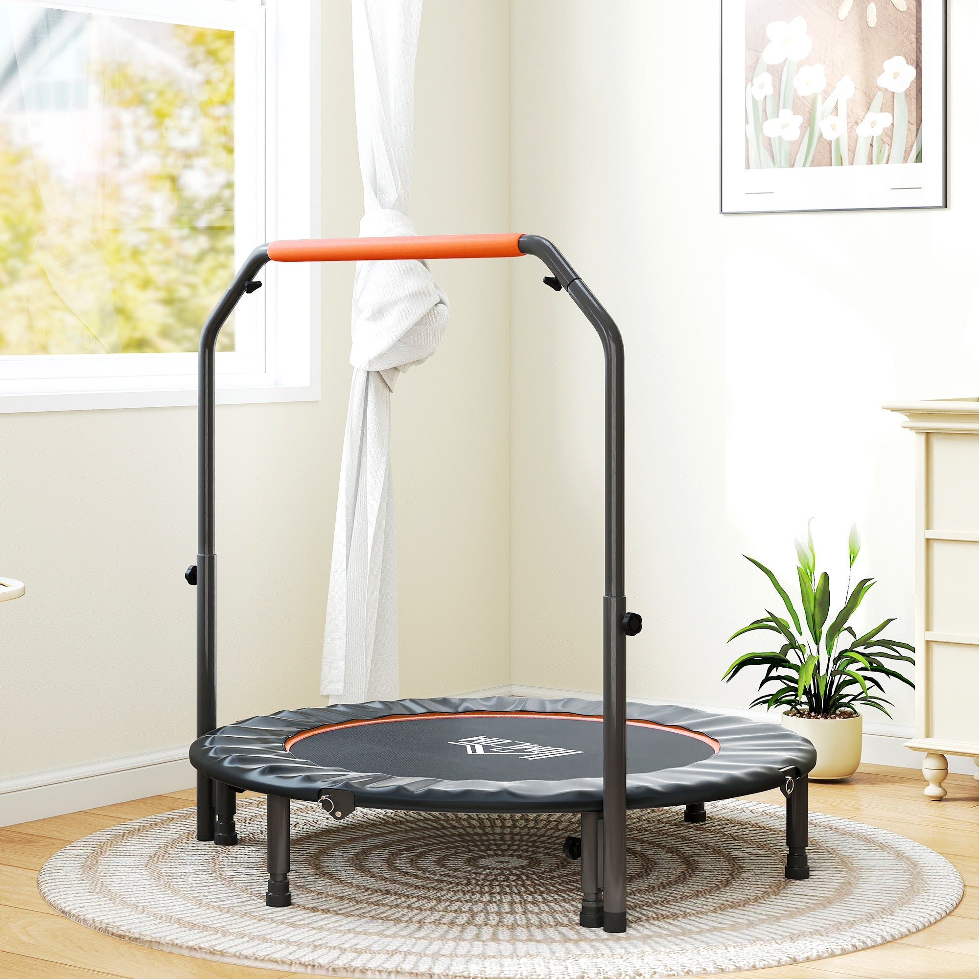 48" Foldable Mini Fitness Trampoline, with Adjustable Foam Handle, Orange