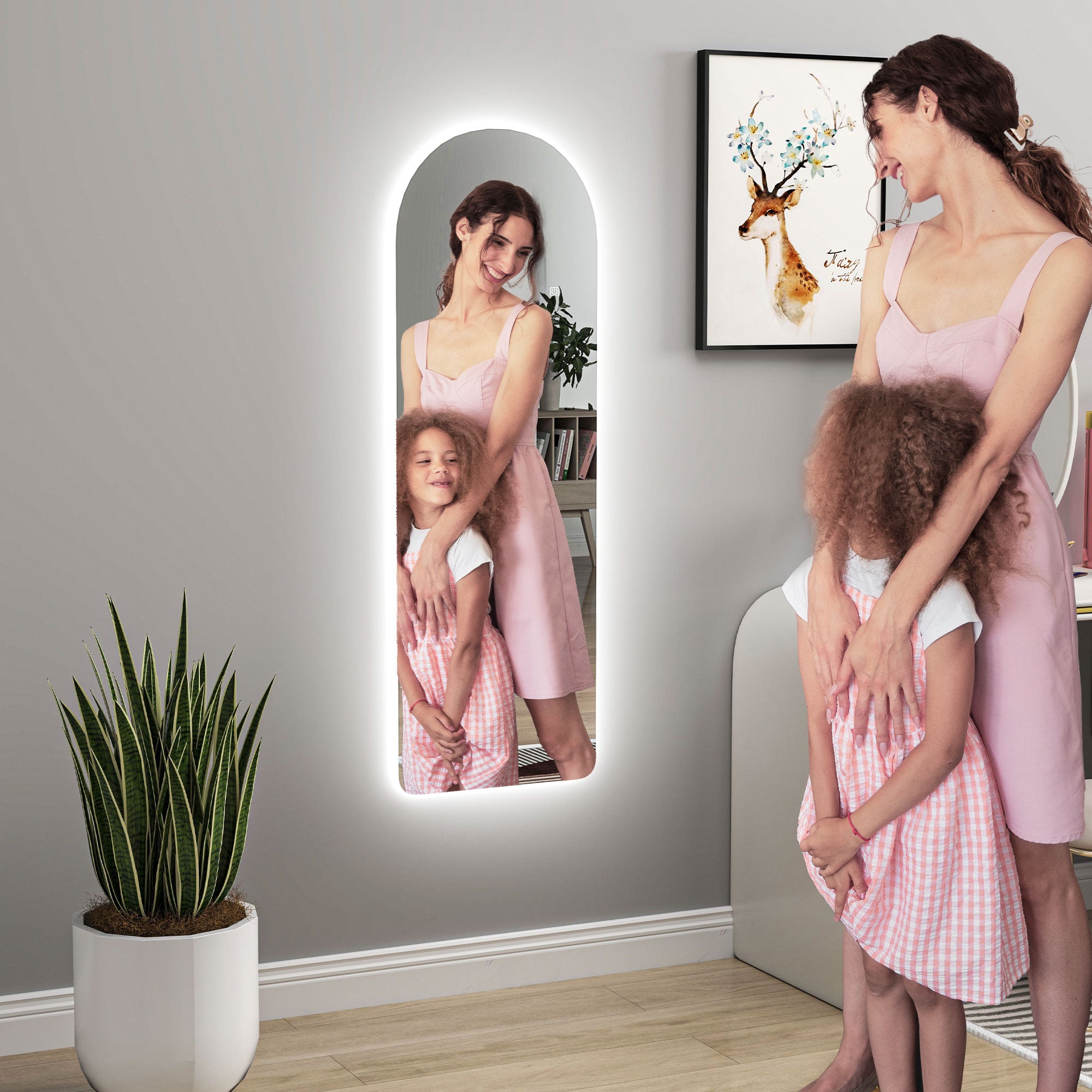 Arched Full Length Mirror with LED Lights, 120 x 40cm Backlit Frameless Wall Mirror with Dimming and 3 Colour Lighting for Living Room, Bedroom, Clear