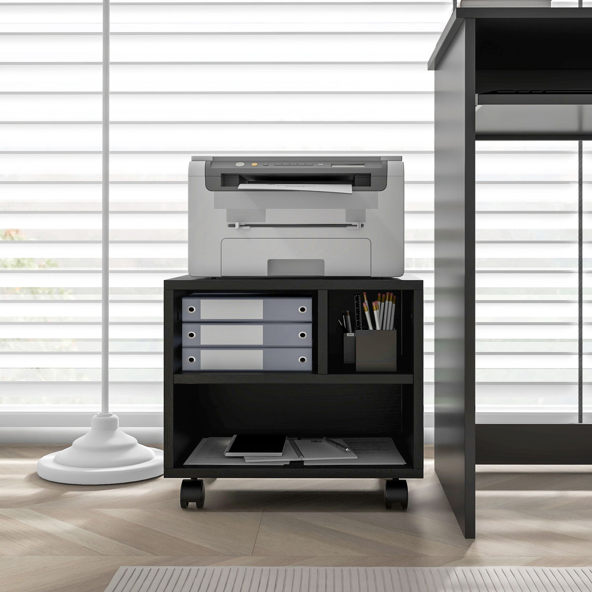 Three-Compartment Printer Cabinet with Wheels for Office Storage - Black