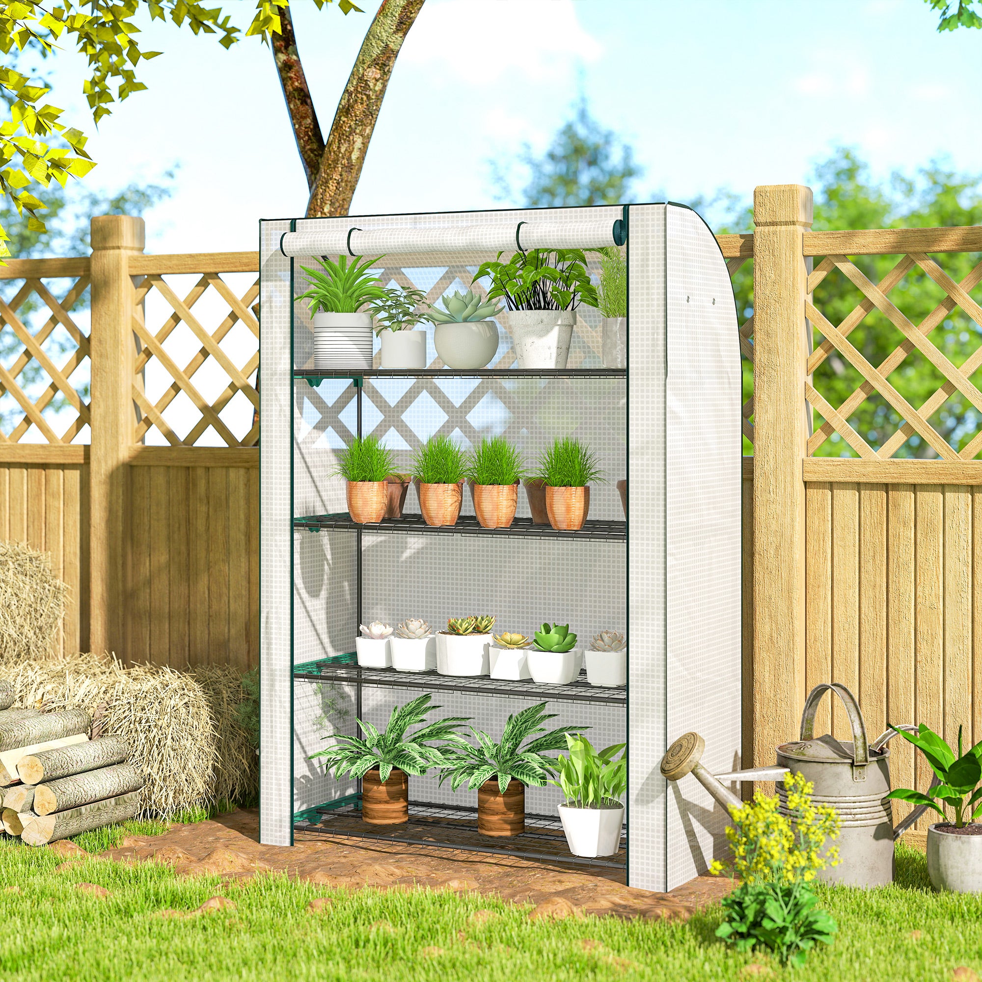Mini Greenhouse with Reinforced PE Cover, Portable Indoor Outdoor Green House with Roll-up Door, 170 x 120 x 50cm, White