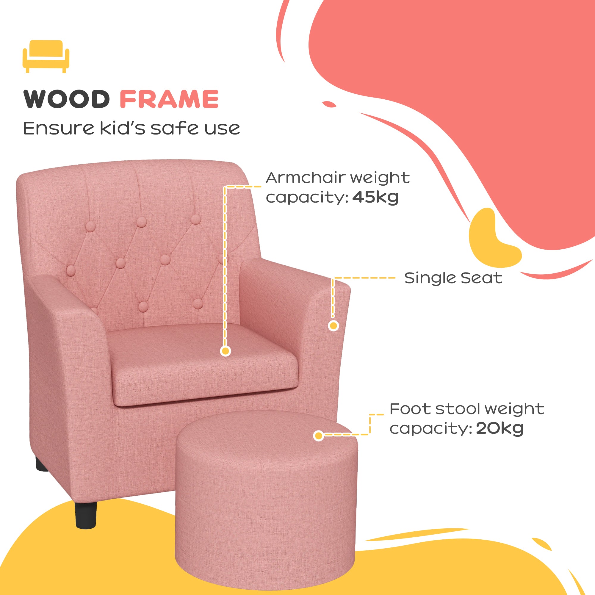 2PCs Kids Sofa Set with Footrest, for Playroom, Bedroom, Pink