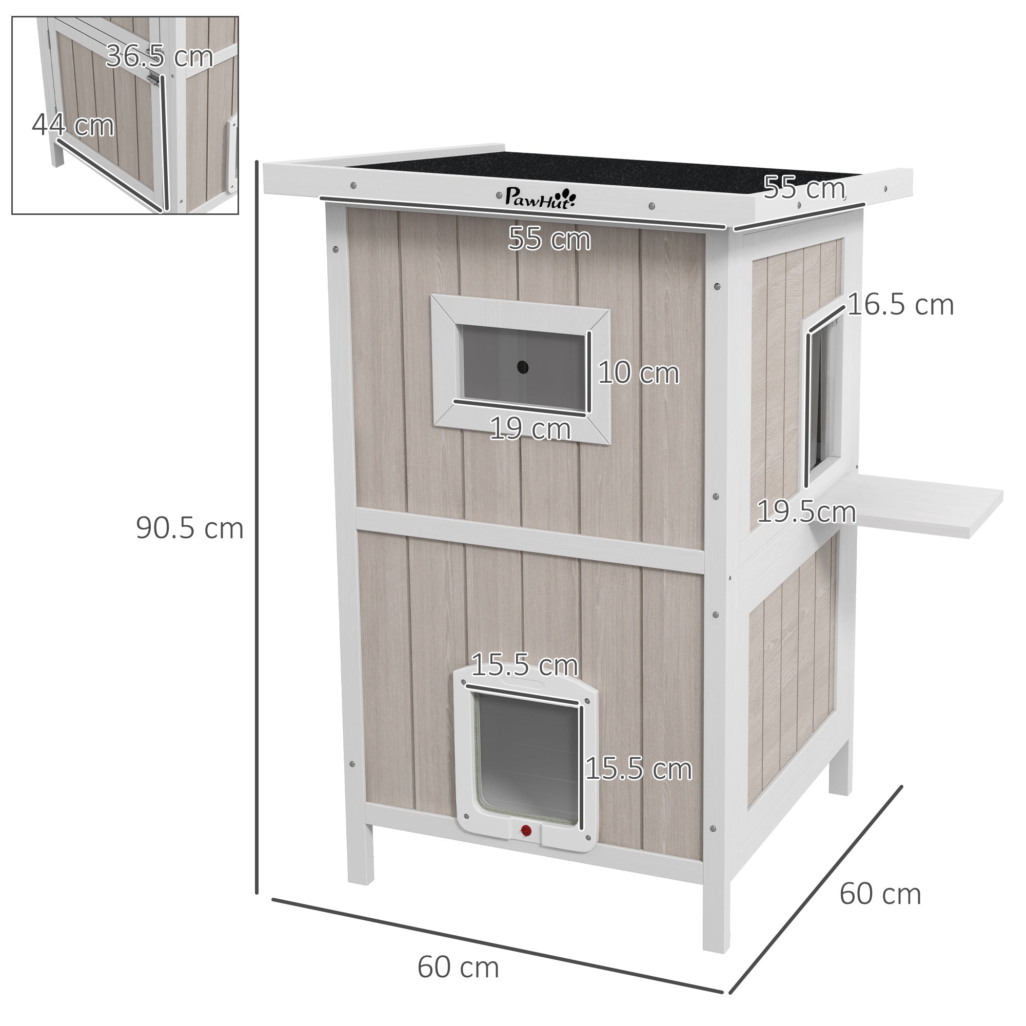 Outdoor 2 Tiers Wooden Cat Shelter w/ Removable Bottom, Escape Doors, Asphalt Roof, for 1-2 Cats - Light Grey