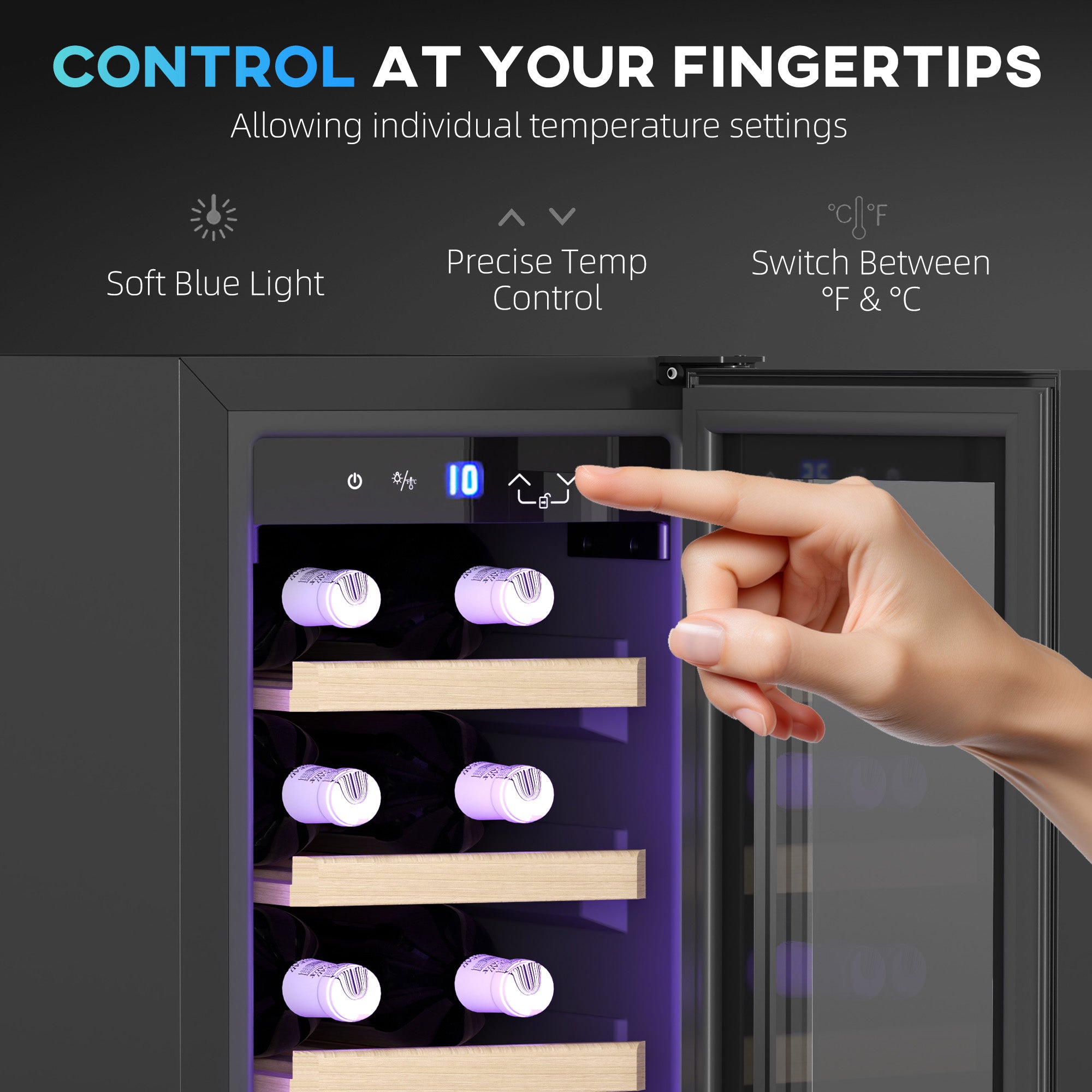 19 Bottle Wooden Rack Wine Fridge 5-18℃ Temperature Control - Black