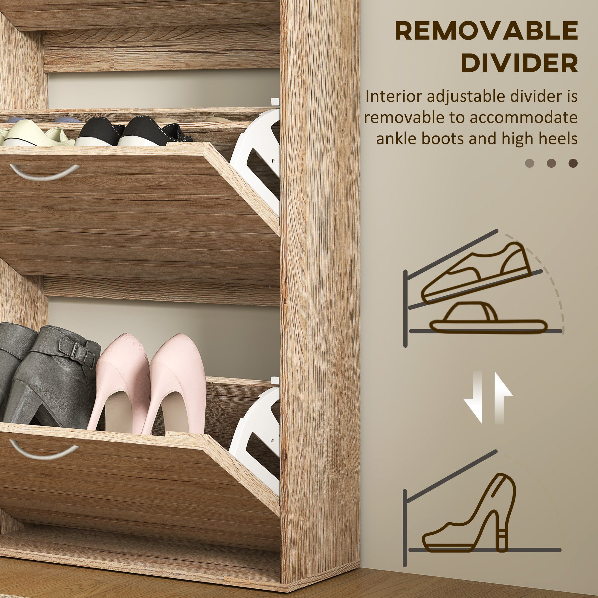 12-Shoe Flip Drawer Storage Cabinet with Adjustable Shelves - Brown Wood-Effect