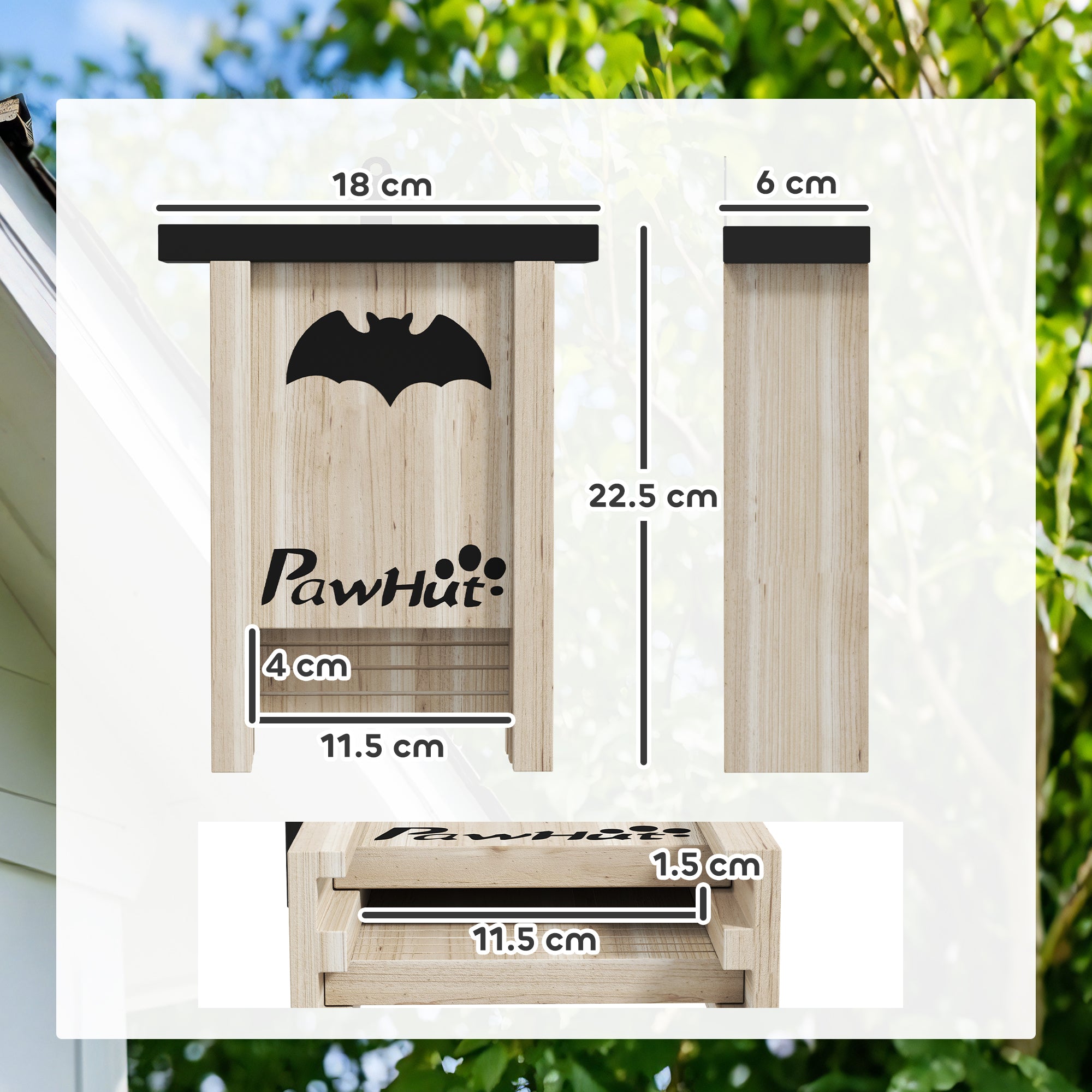 3PC Wooden Bat Boxes with Hooks for Outdoor Garden & Farm 18x6x22.5 cm - Natural Wood
