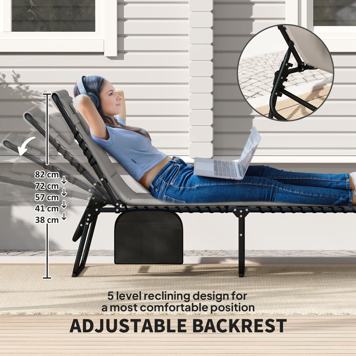Set of 2 Folding Recliner Sun Loungers with Quick-Dry Pad & Side Pocket - Light Grey