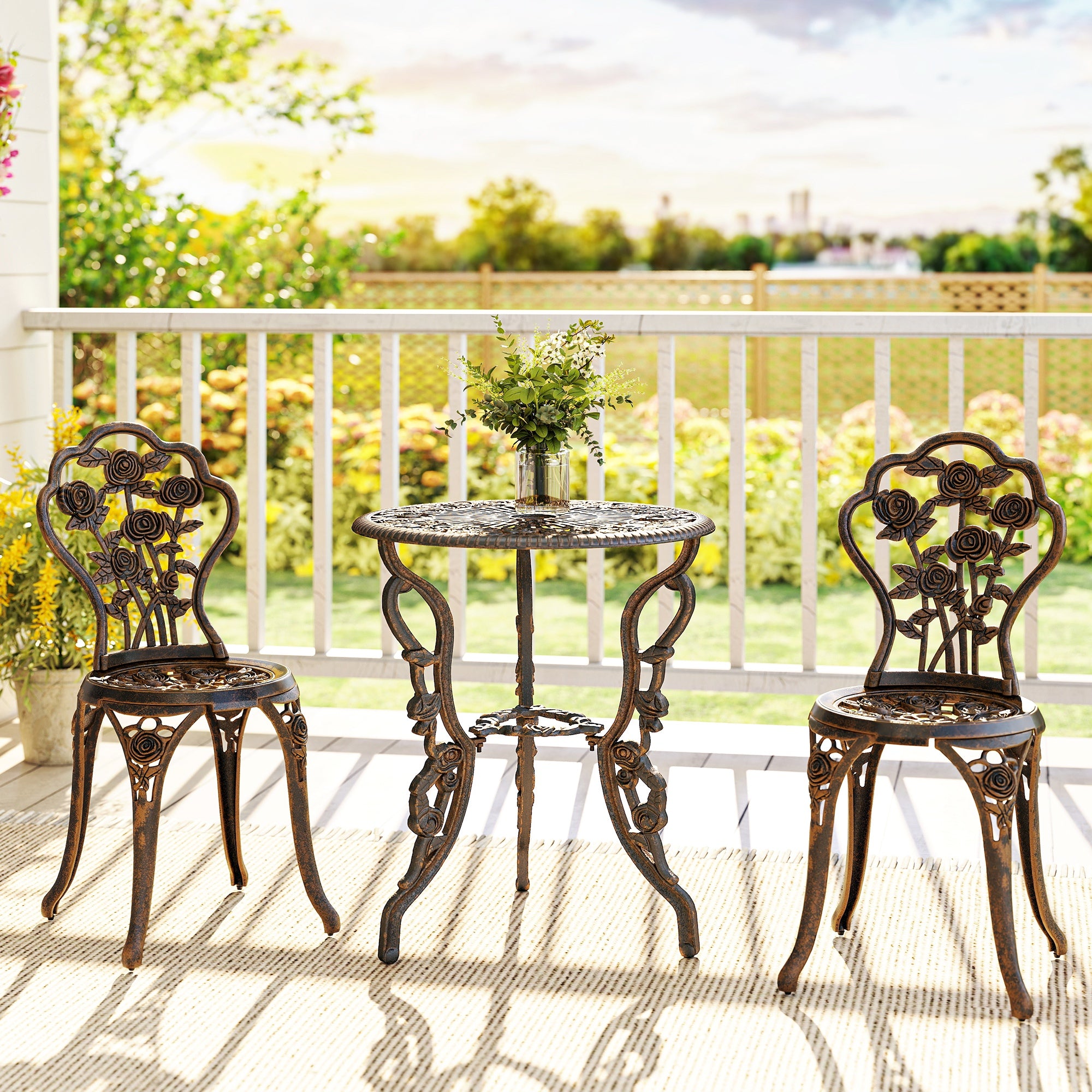 Outdoor Bistro Set Vintage Rose Design Patio Furniture Set with Round Table and 2 Chairs Metallic Finish