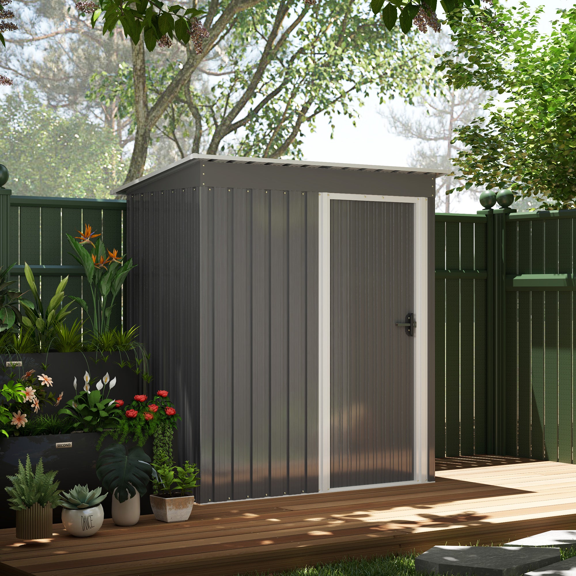 5 x 3ft Garden Storage Shed with Sliding Door and Sloped Roof Outdoor Equipment Tool, Light Grey