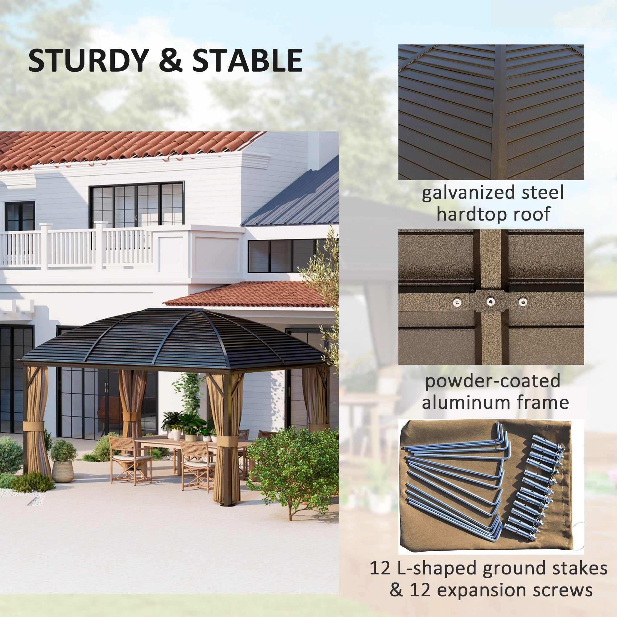 3 x 4m Aluminium Hardtop Gazebo with Netting and Curtains - Brown