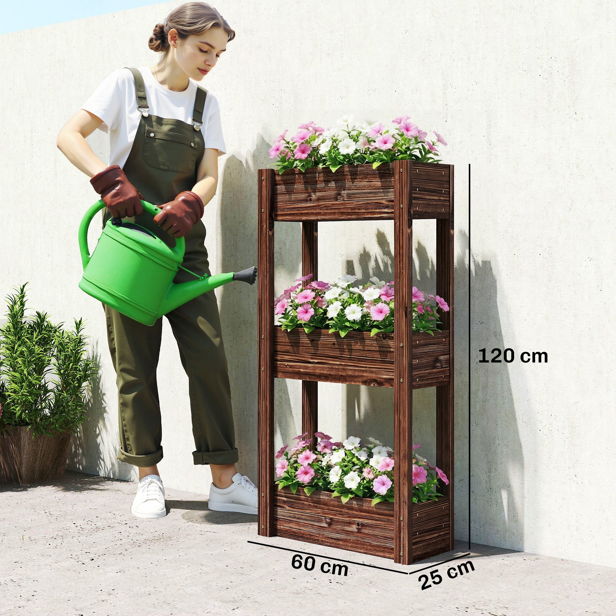 3-Tier Wooden Raised Planter, Raised Garden Bed on Legs with Drainage Holes and Bed Liner, Elevated Garden Planter