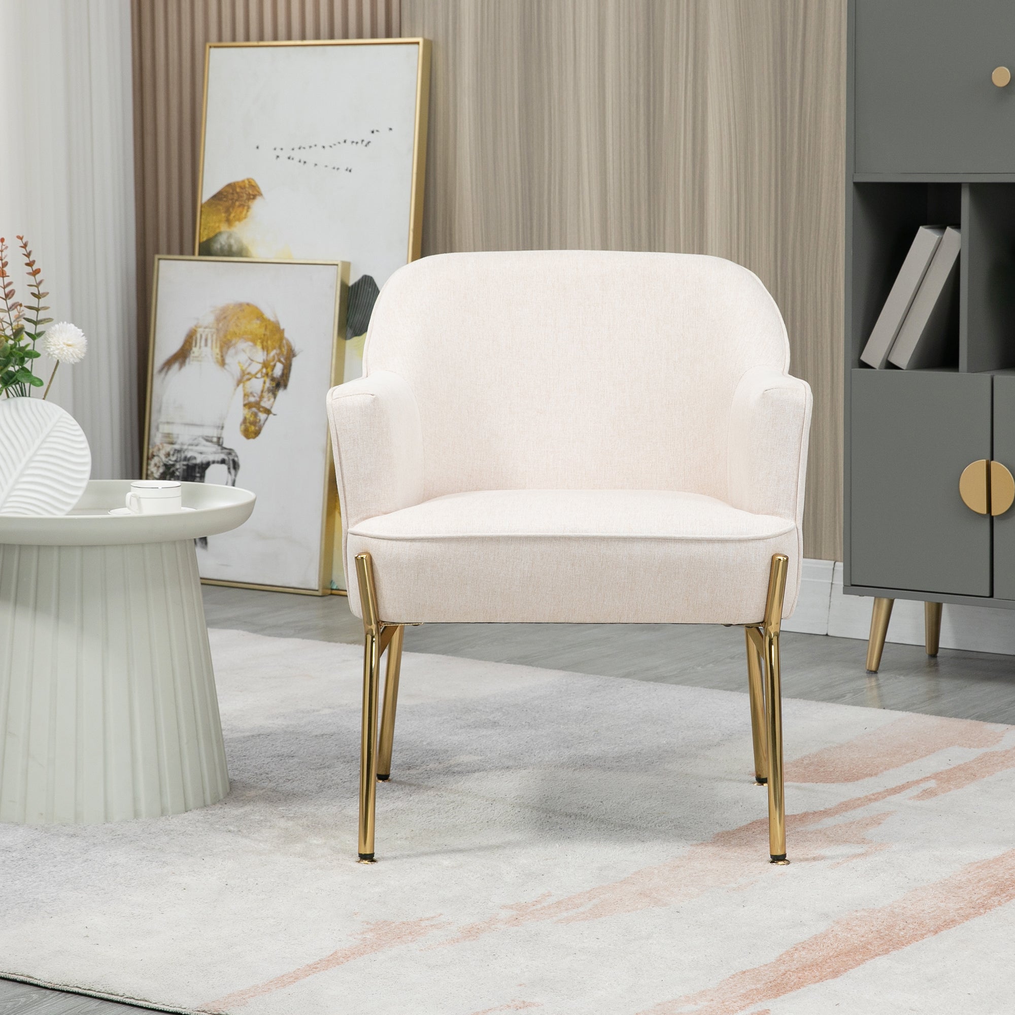 Accent Chair, Living Room Armchair, Vanity Chair with Gold Plating Metal Legs and Soft Padded Seat for Bedroom and Caf©, Set of 2, White