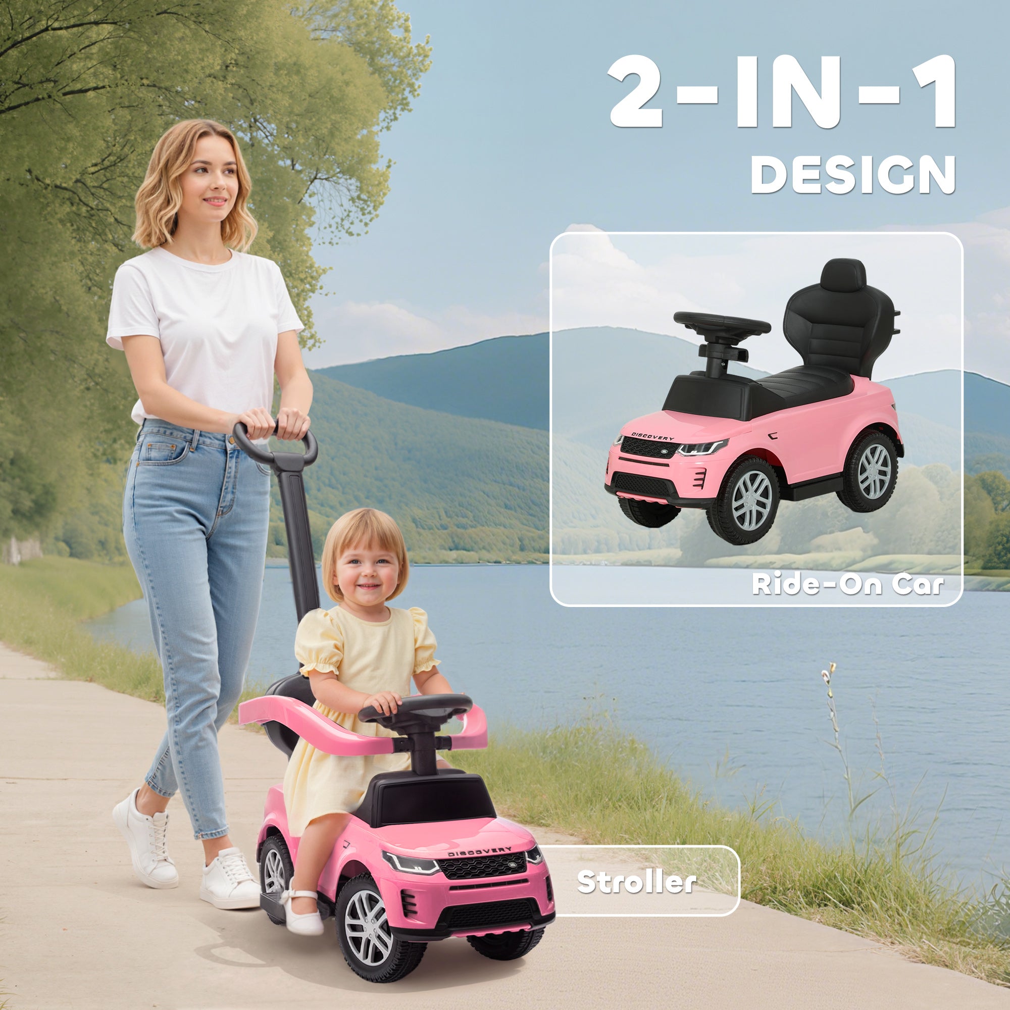 Land Rover Discovery Licensed Baby Push Car, 2-in-1 Ride on Car with Push Handle and Safety Guardrail, Pink