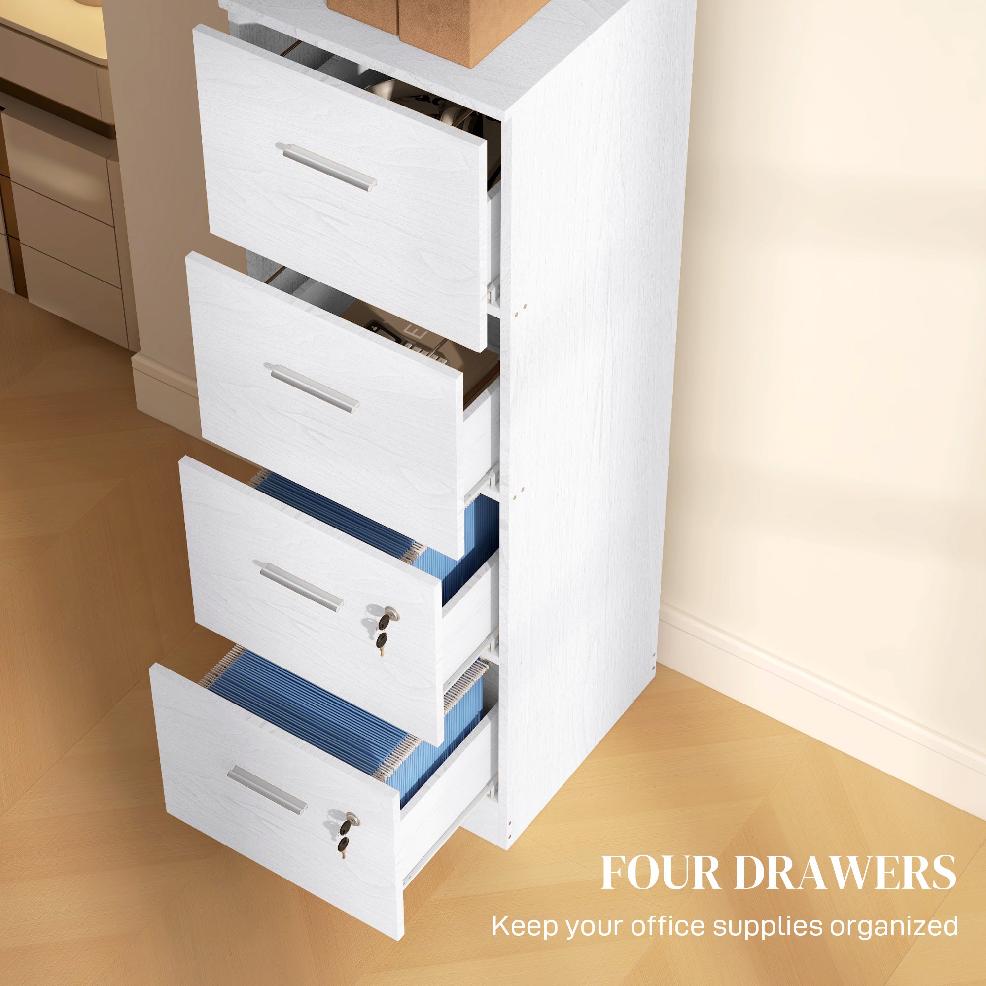 Four-Drawer Lockable Filing Cabinet - White Wood Effect