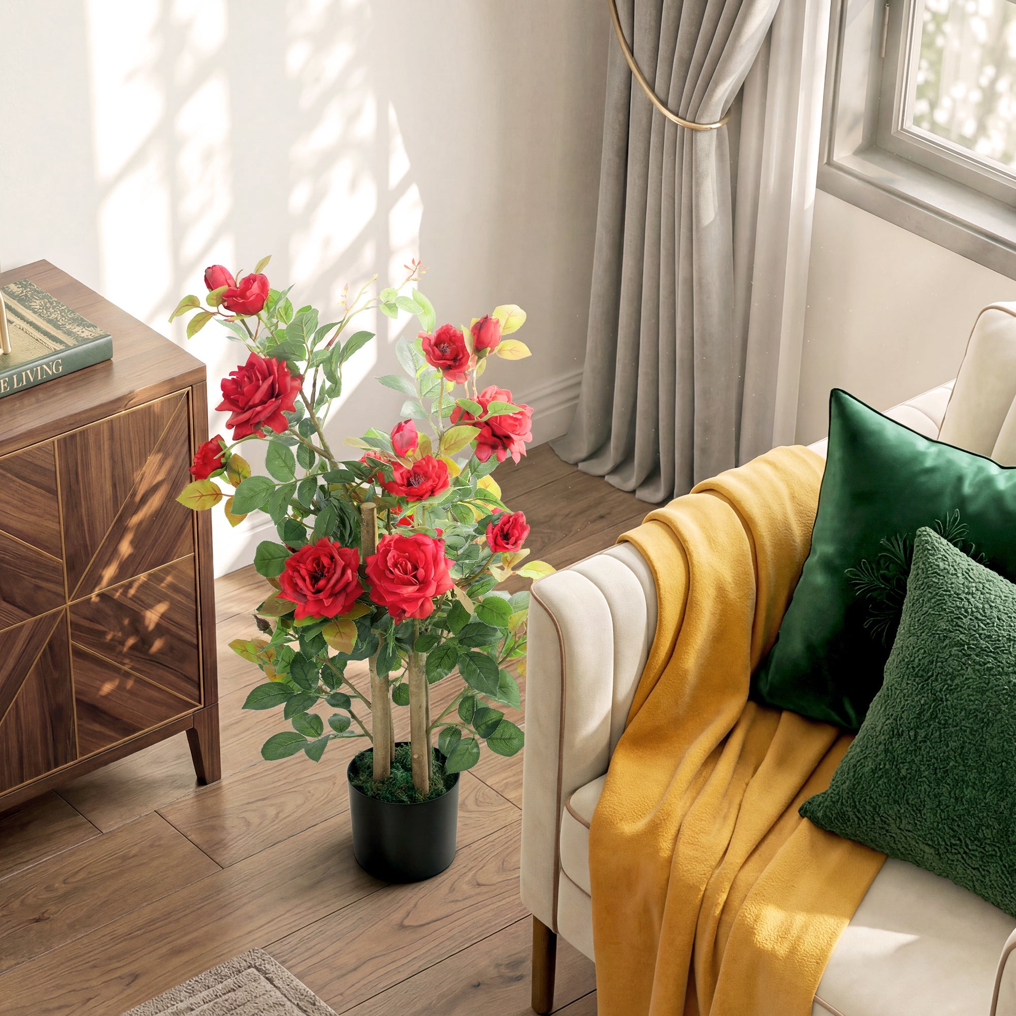 90cm Artificial Rose Tree, Decorative Fake Plant with 344 Silk Leaves 17 Flowers for Outdoor Indoor Decor, Red