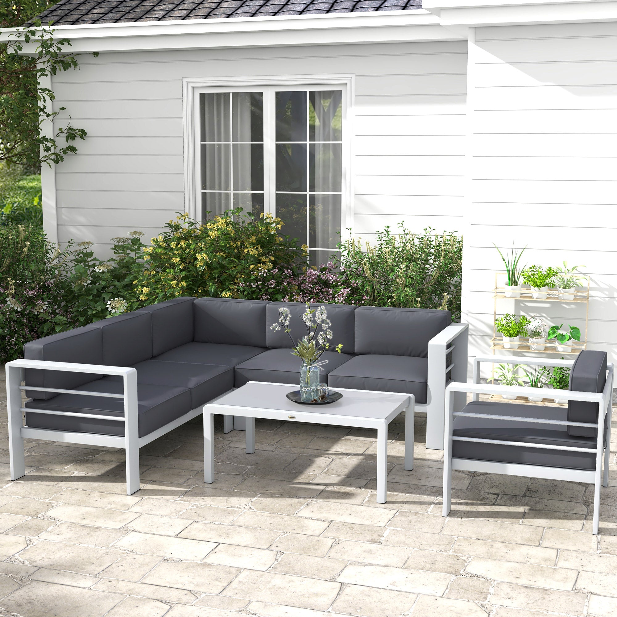 Five-Piece Aluminium Garden Sofa Set, with Glass-Top Table - Grey