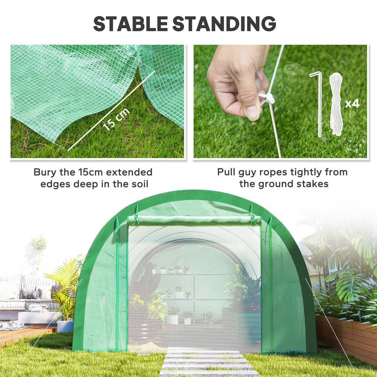 6 x 3(m) Polytunnel Greenhouse with Upgraded Structure, Mesh Door and Windows, 15 Plant Labels, Green