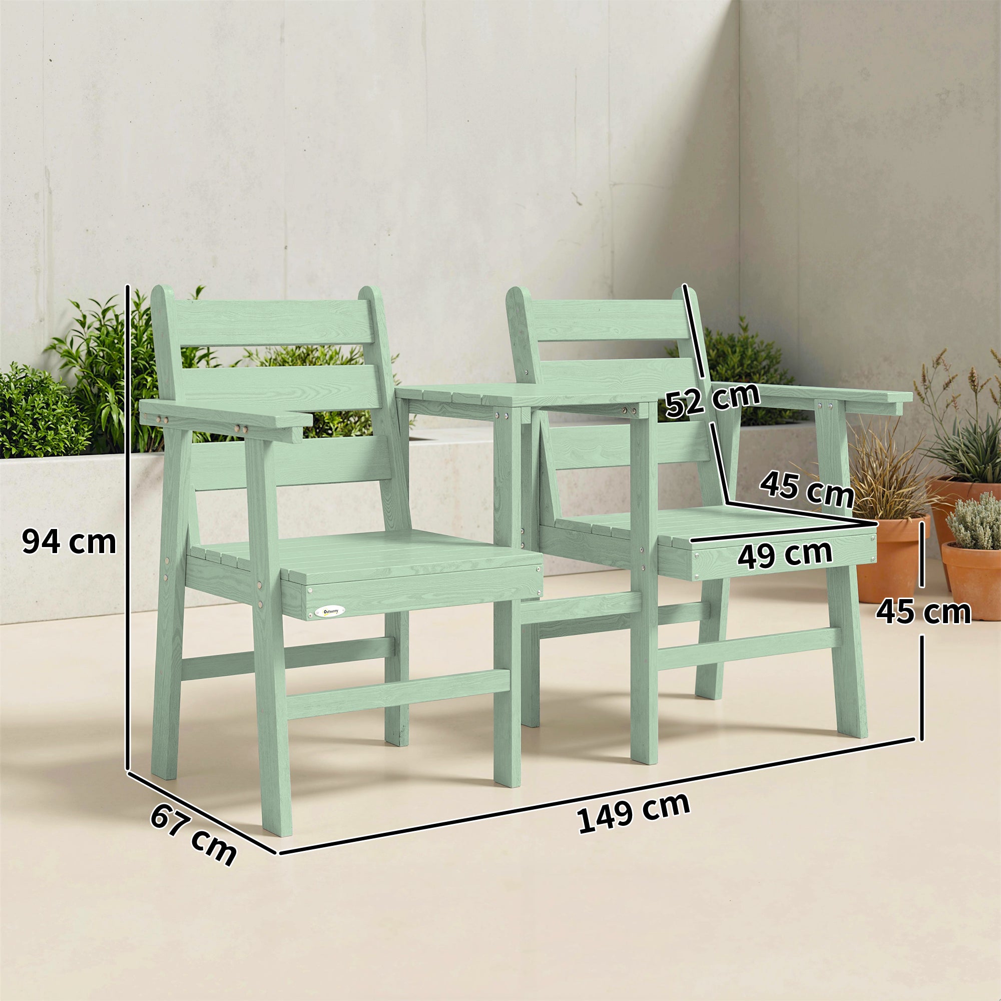 Outdoor Garden Loveseat, Embossed Wooden Jack and Jill Garden Seat with Integrated Table, Green