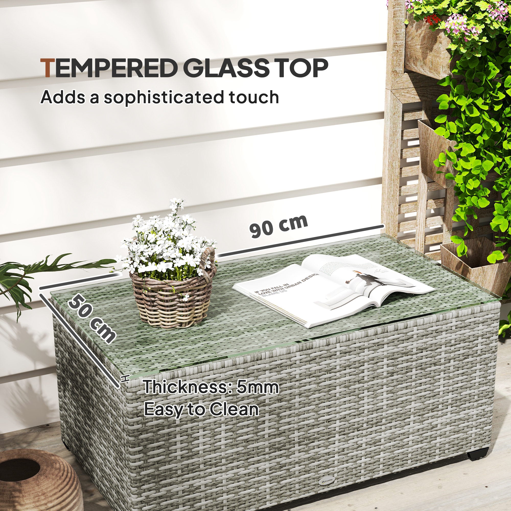 90 x 50cm Rattan Side Table with Glass Top - Light Grey