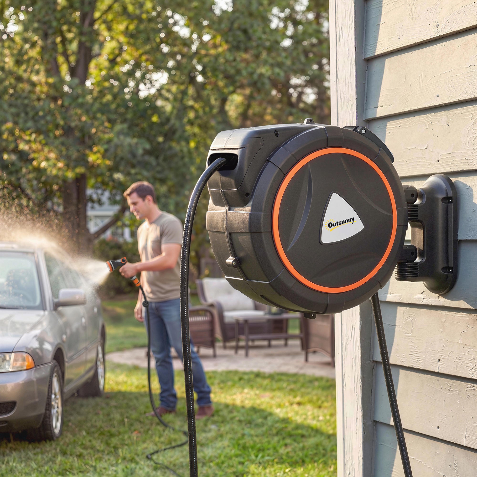 28+2m Retractable Hose Reel Wall Mounted with Auto Retraction, Self-Locking, Slow Return System, 12-Pattern Nozzles