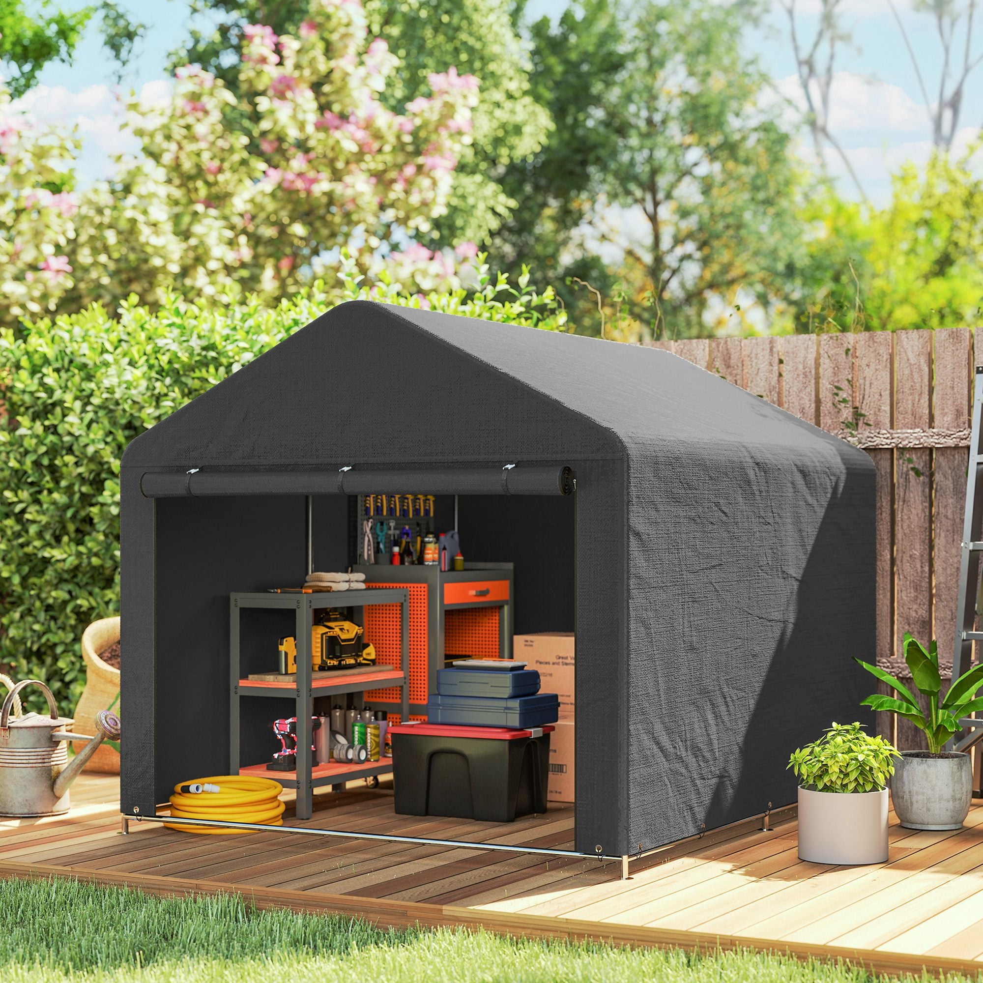6.6 x 7.8ft Outdoor Garden Storage Shed, Waterproof Bike Tent with Roll-up Zipper Door, Galvanised Metal Frame, Portable Shed Shelter Carport for Motorcycle Garden Tools, Dark Grey