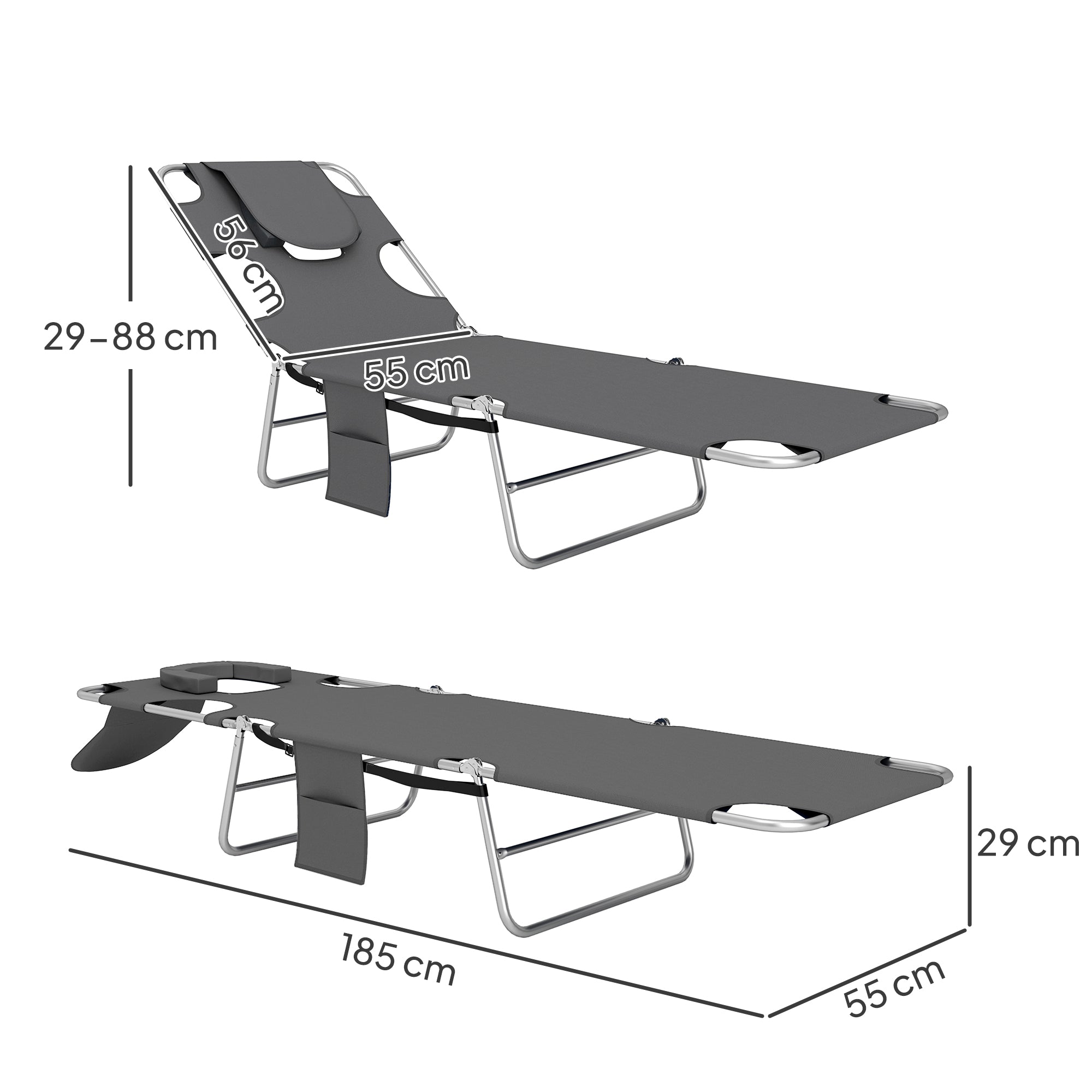 Foldable Sun Lounger Set of 2, Beach Chaise Lounge with Reading Hole, Arm Slots, 5-Position Adjustable Backrest, Side Pocket, Pillow for Garden, Beach, Pool, Dark Grey