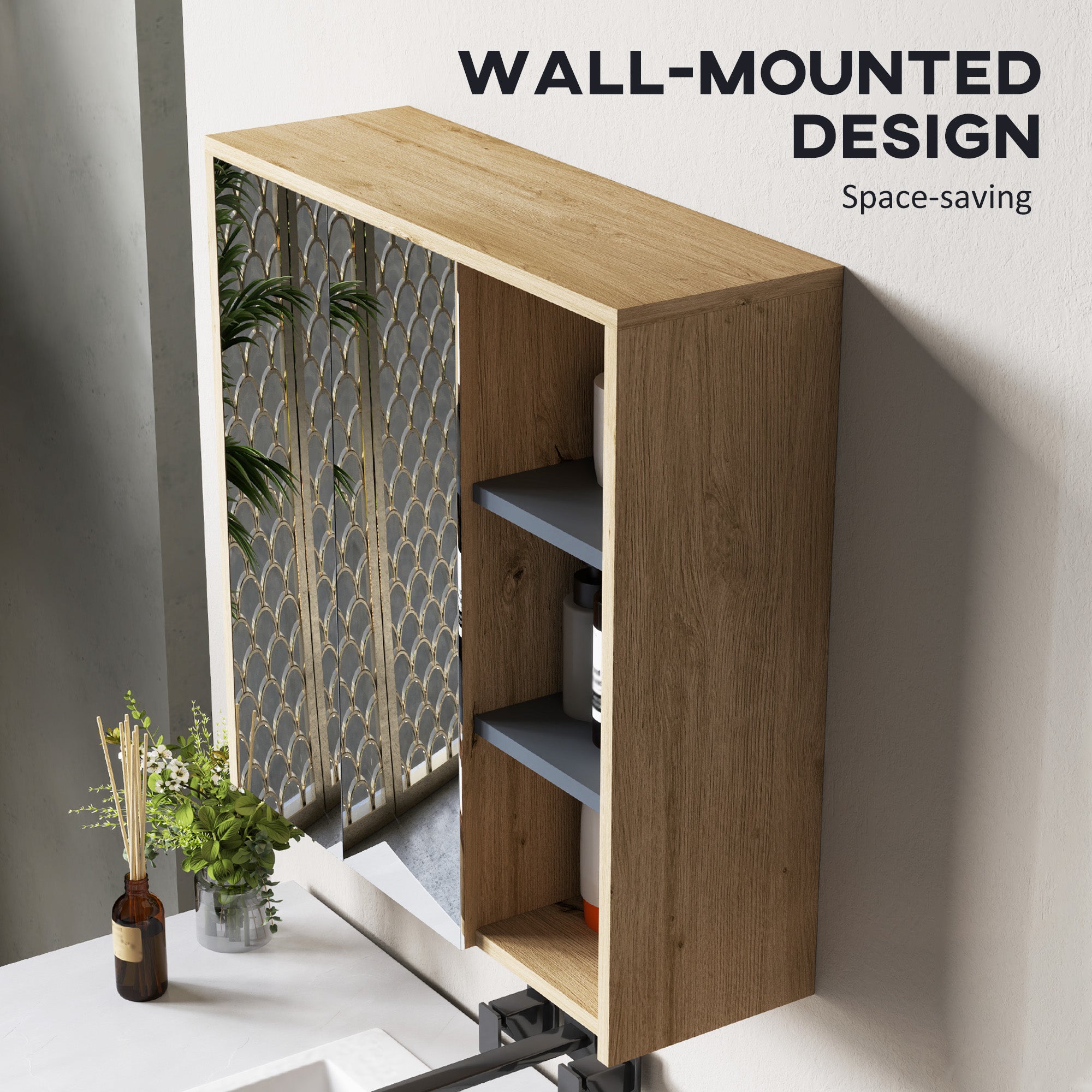 Five-Shelf Mirrored Bathroom Cabinet Wall-Mounted with Wood-Effect Finish