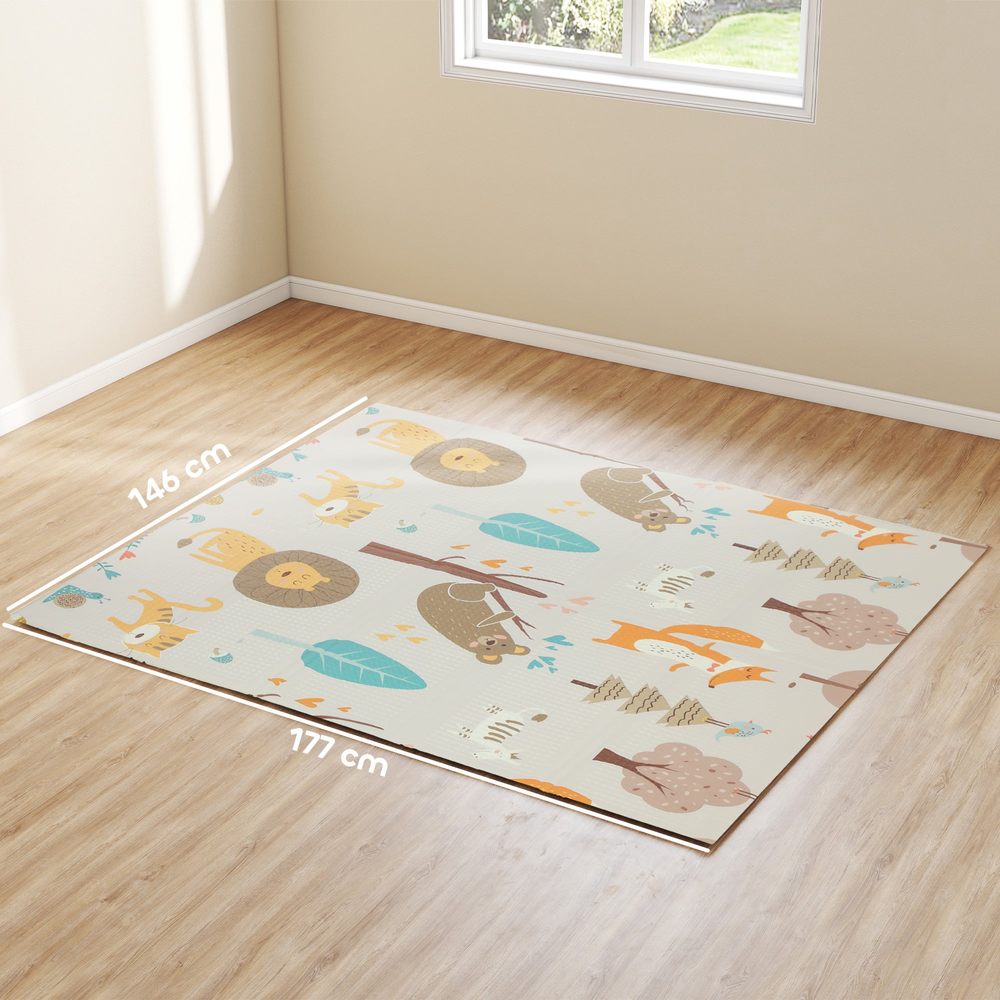 Animal-Themed Baby Plat Mat Double Sided, Foldable, Water-Resistant for Outdoor/Indoor, 177 x 146 x 1.5cm