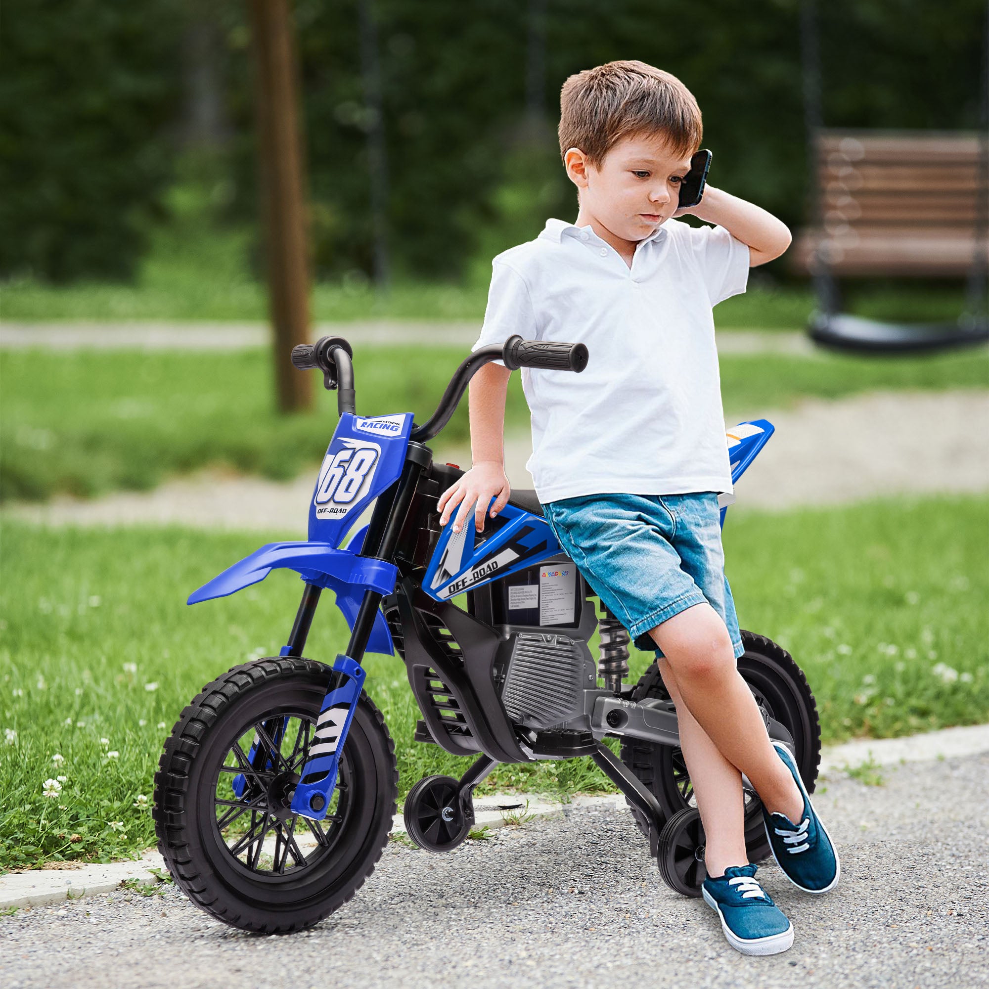 12V Kids Electric Motorbike, Kids Electric Ride on Motorcycle w/ Twist Grip Throttle, Training Wheels - Blue