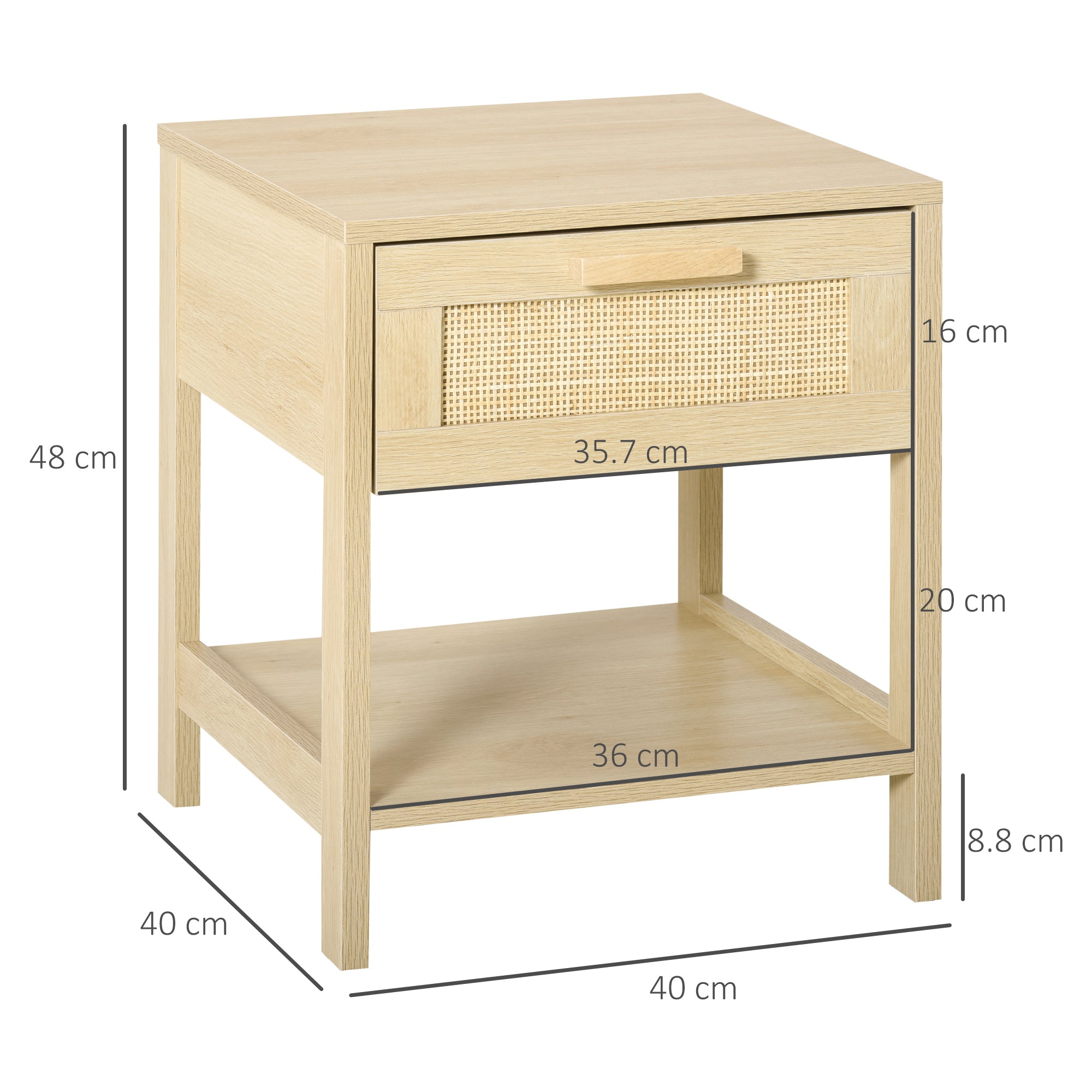 Bedside Table Set of 2 with Rattan Drawer, Rustic Side Tables with Storage Shelf for Bedroom, Living Room, Natural