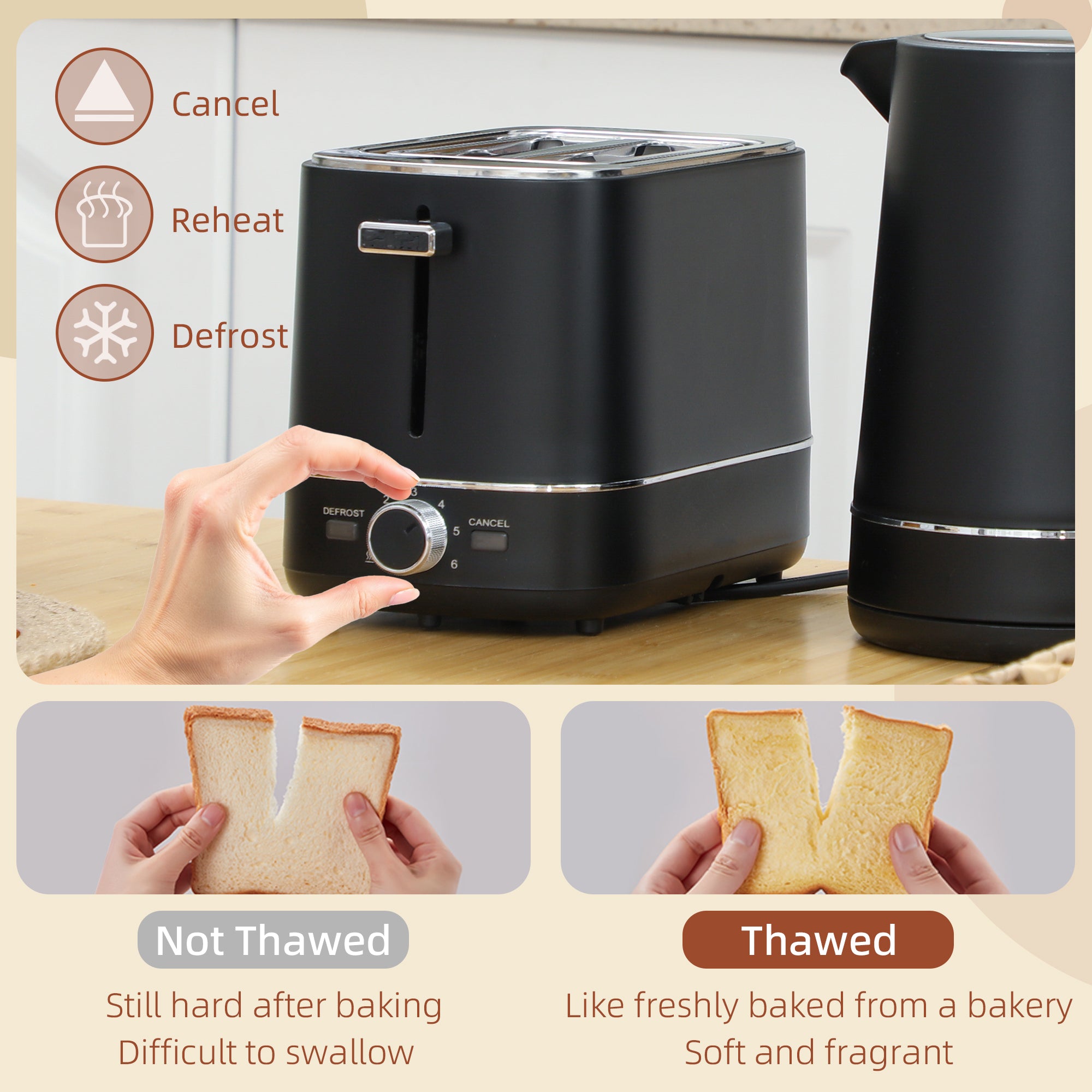 1.7L 3000W Fast Boil Kettle & 2-Slice Toaster Set with 6 Browning Levels, Defrost & Reheat - Black