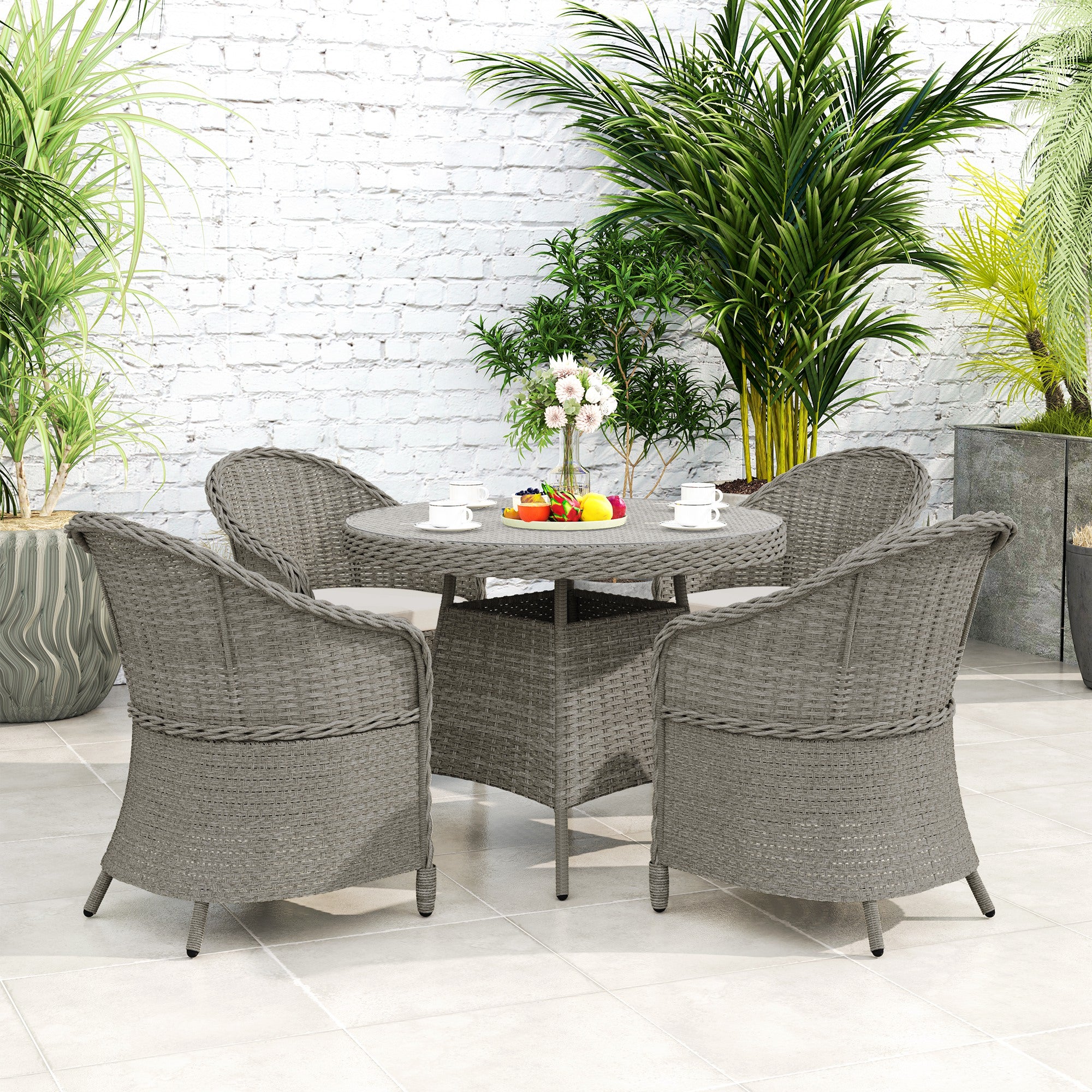4 Seater Round PE Rattan Garden Dining Set with Cushions and Glass-Top Table - Grey
