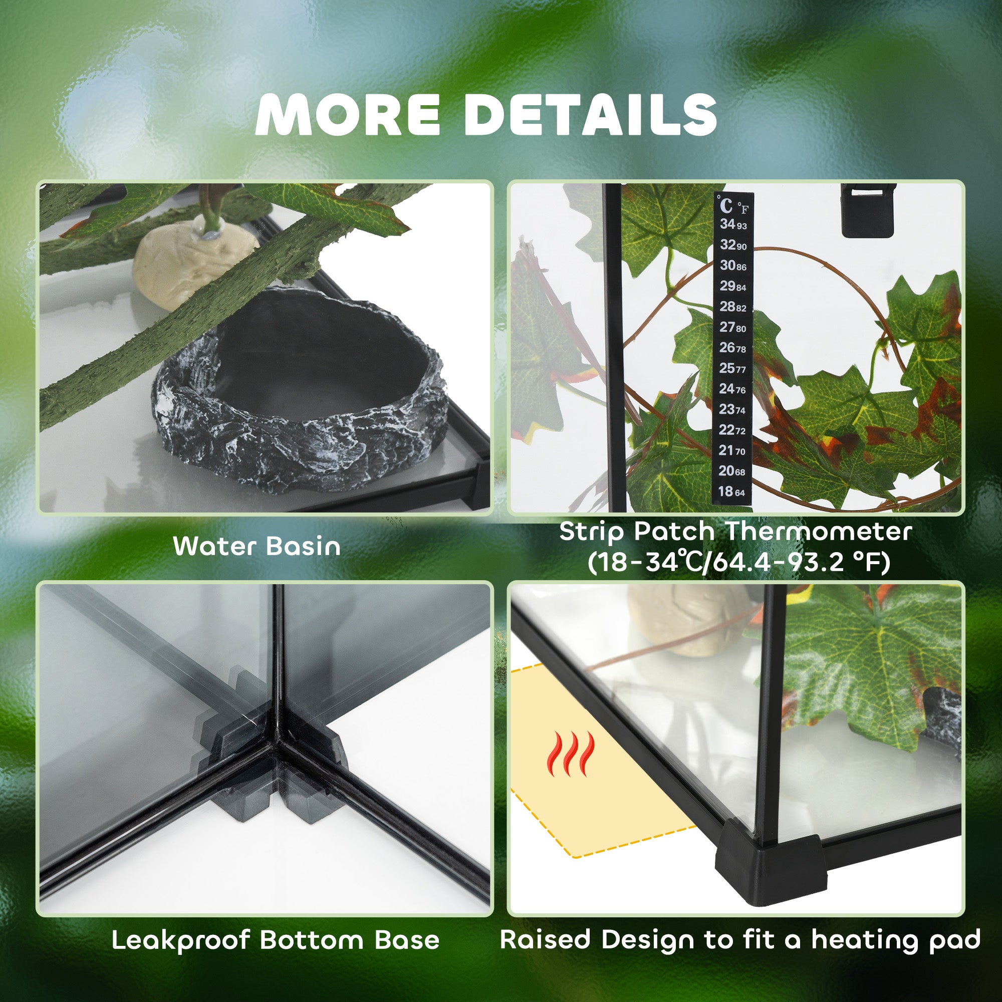 Glass Reptile Terrarium with Decor Kit, Breeding Tank with Thermometer for Small Animals, 50 x 30 x 35cm, Heated - Black