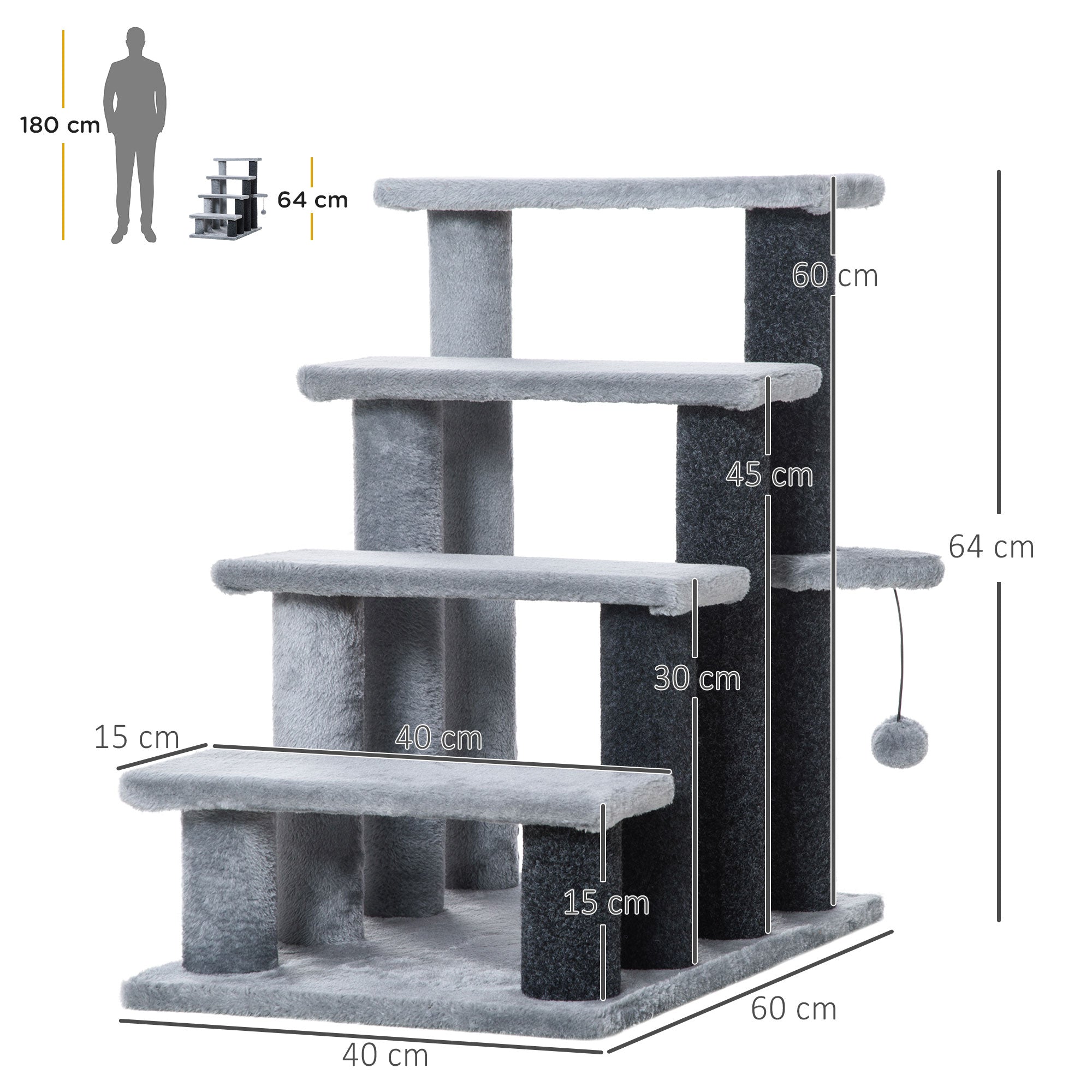 4-step Pet Stairs with Scratching Posts, Platforms, Toy Ball, Grey