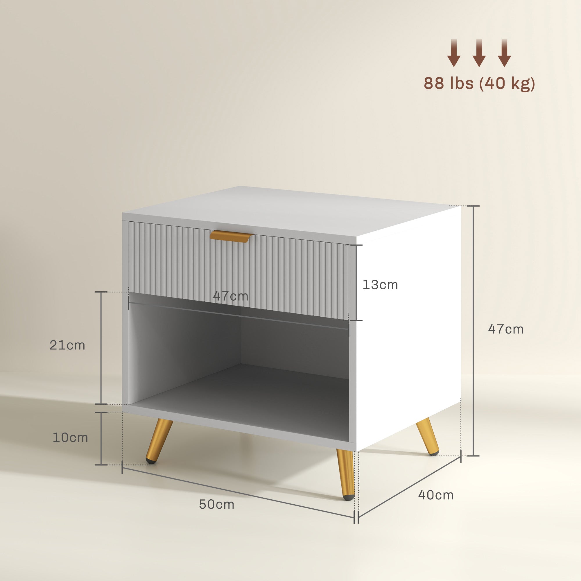 Elegant Bedside Table, with Drawer and Shelf - White/Gold Tone