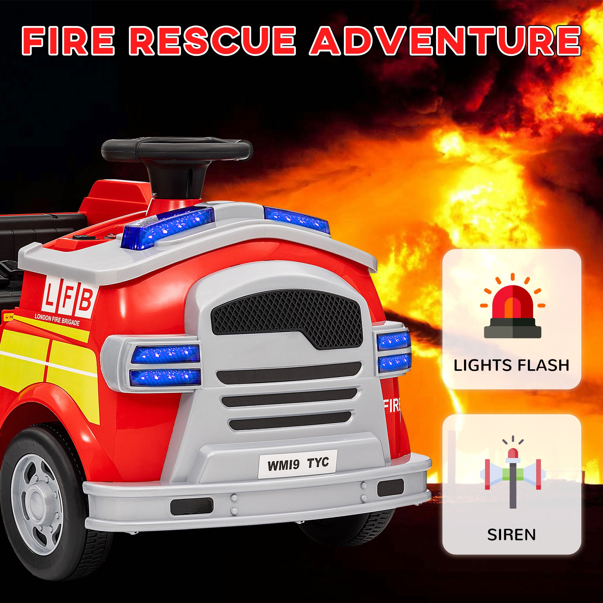 Ride on Fire Truck, 12V Kids Electric Car with Siren and Flashing Lights, Firefighting Tools, Music Horn, Slow Start